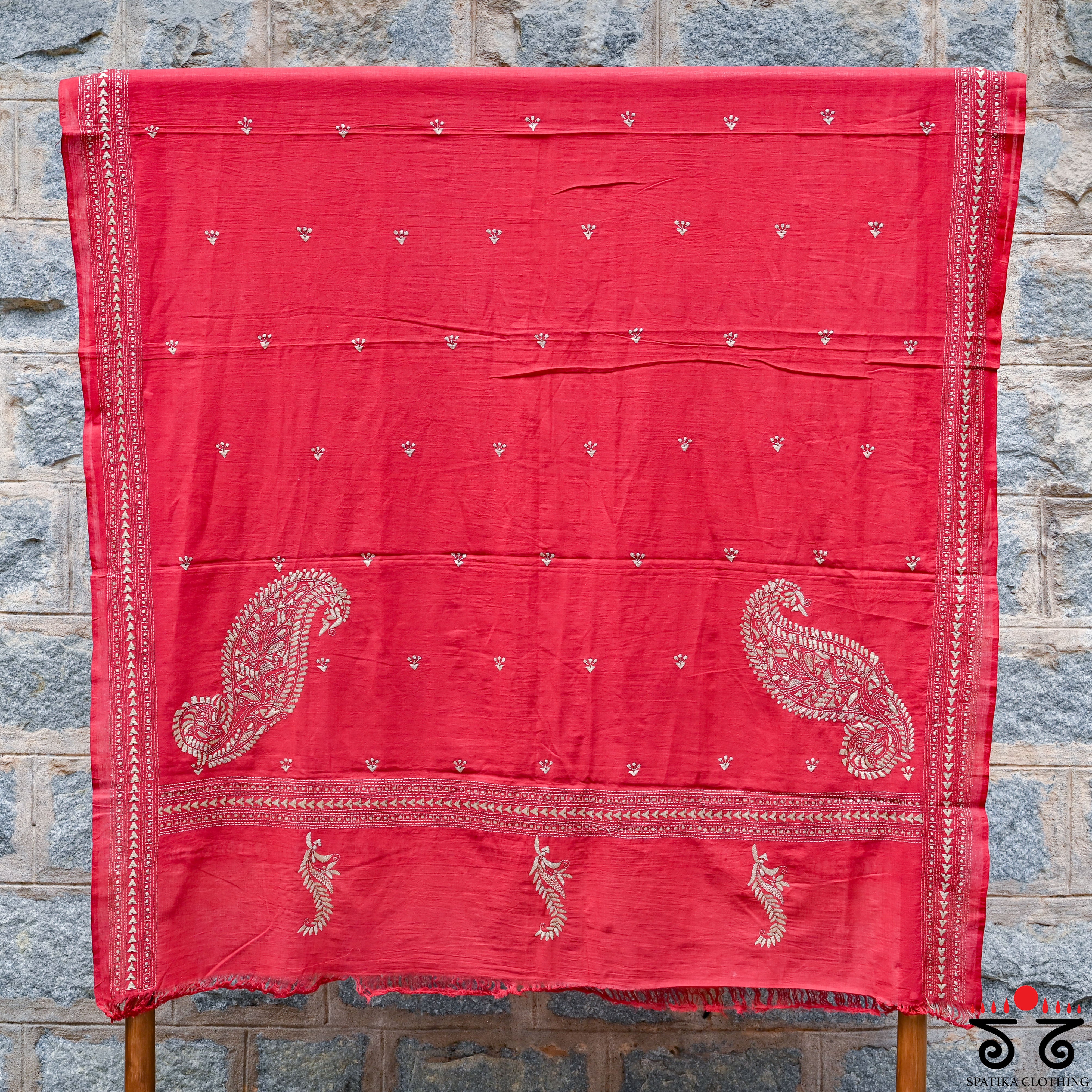 Kantha on Mulmul - Hand - Embroidered Dupatta