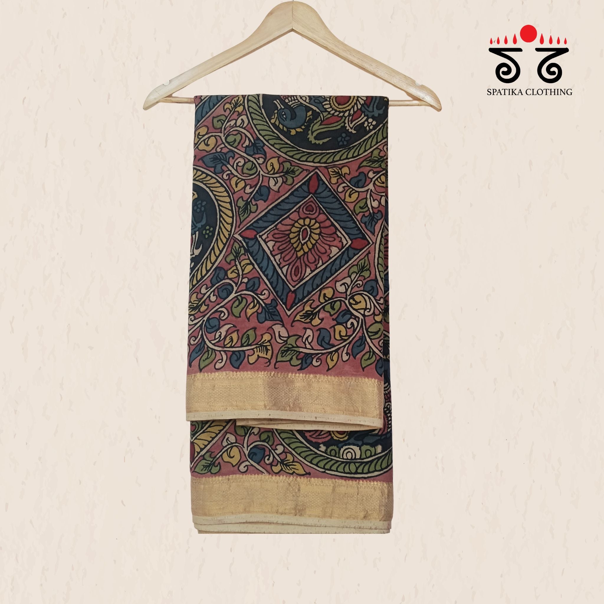 Rose Pink & Indigo Pen Kalamkari Mangalagiri Saree