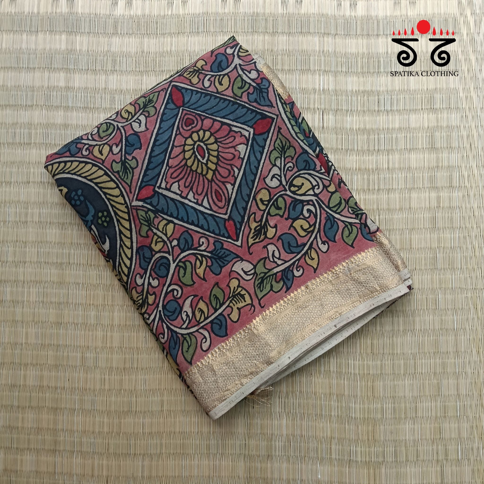 Rose Pink & Indigo Pen Kalamkari Mangalagiri Saree