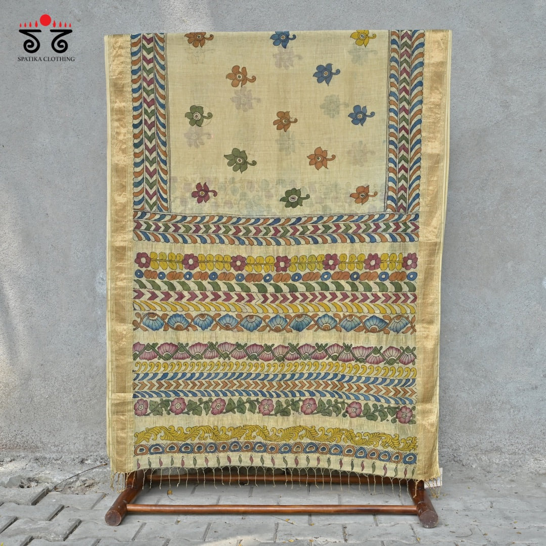 Pen Kalamkari On Maheshwari Silk Cotton Saree