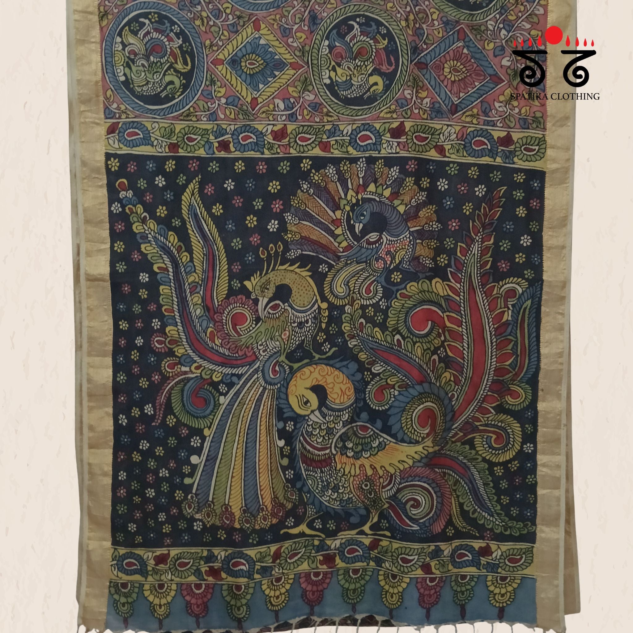 Rose Pink & Indigo Pen Kalamkari Mangalagiri Saree