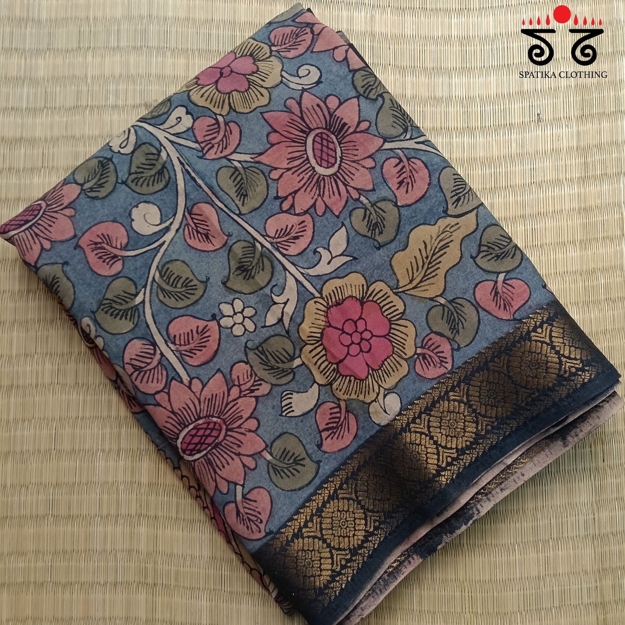 Blue & Black Pen Kalamkari Handpainted Silk Cotton Saree
