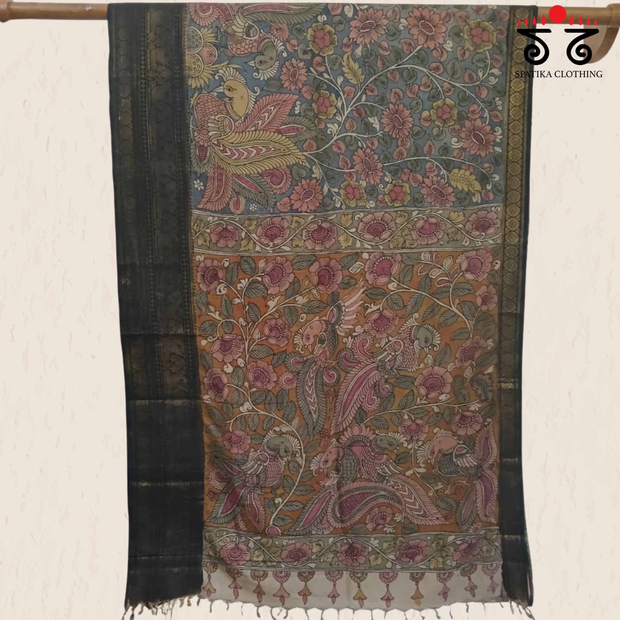 Blue & Black Pen Kalamkari Handpainted Silk Cotton Saree