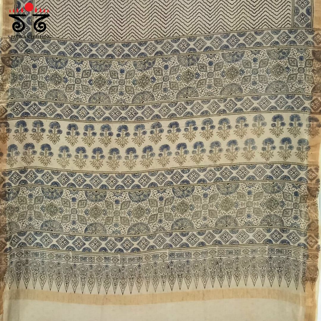 White Ajrak Maheshwari Silk Cotton Saree