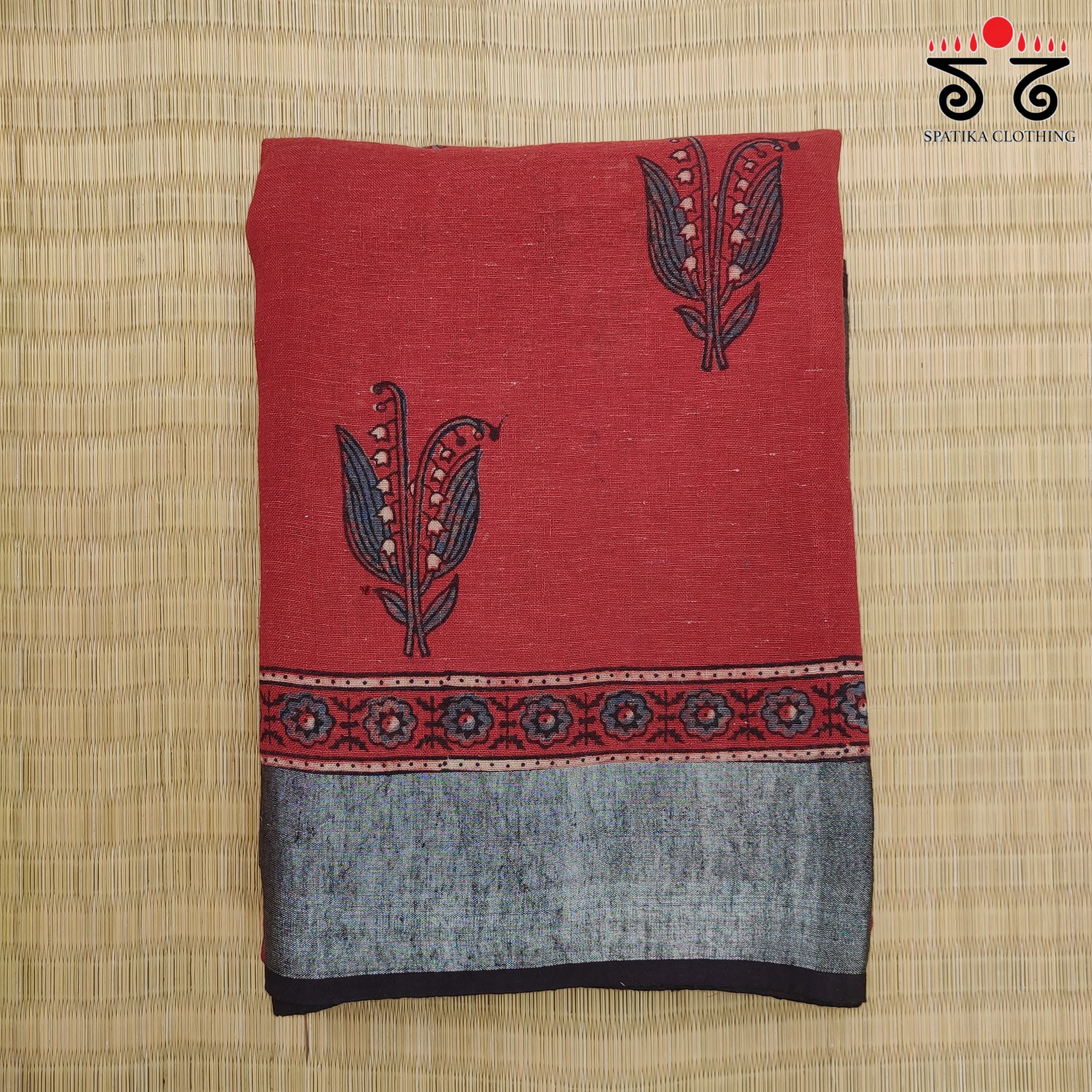 Ajrak Handblock Print On Linen Saree