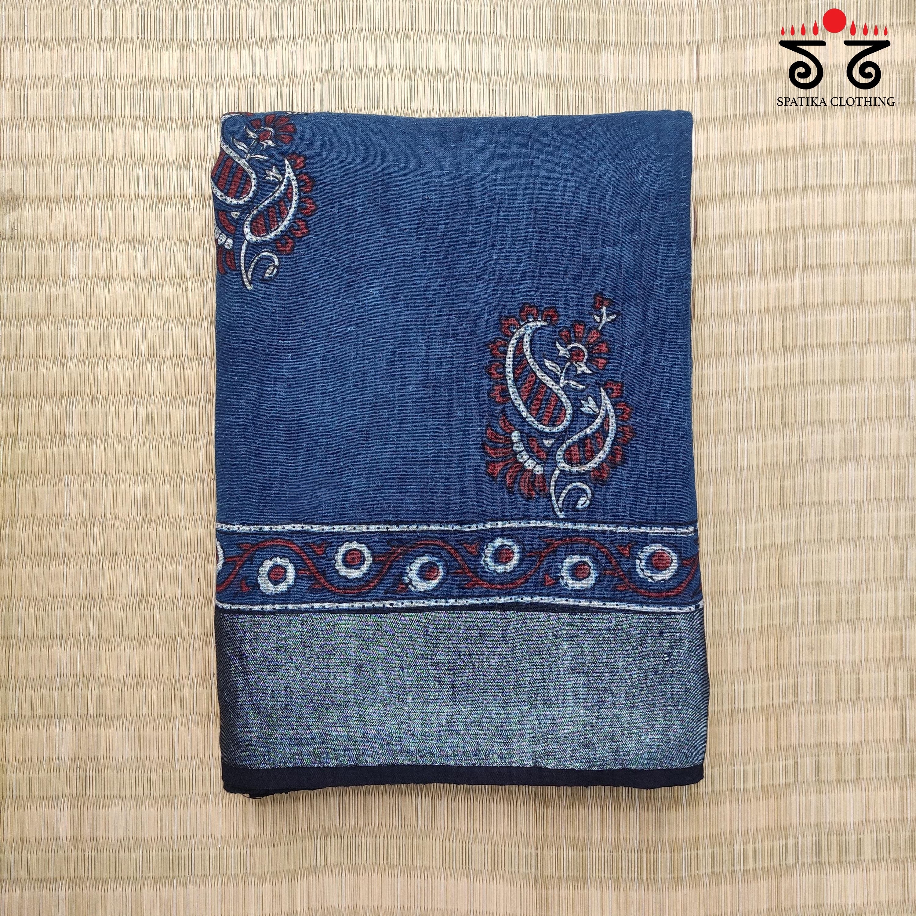 Ajrak Handblock Print On Linen Saree