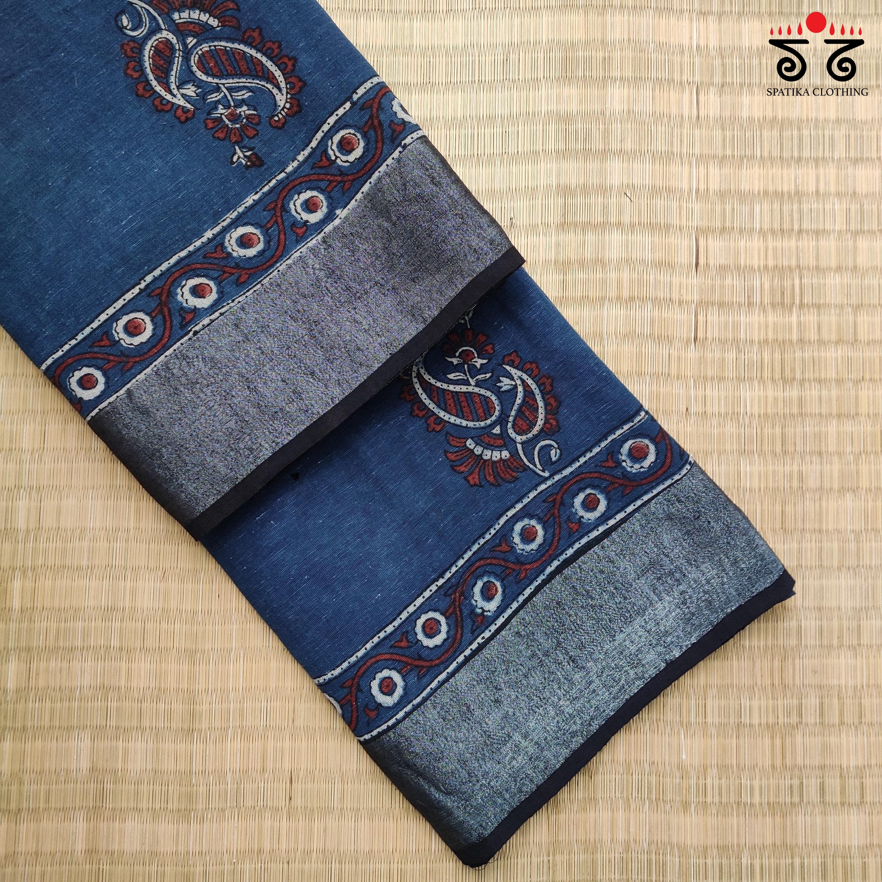 Ajrak Handblock Print On Linen Saree