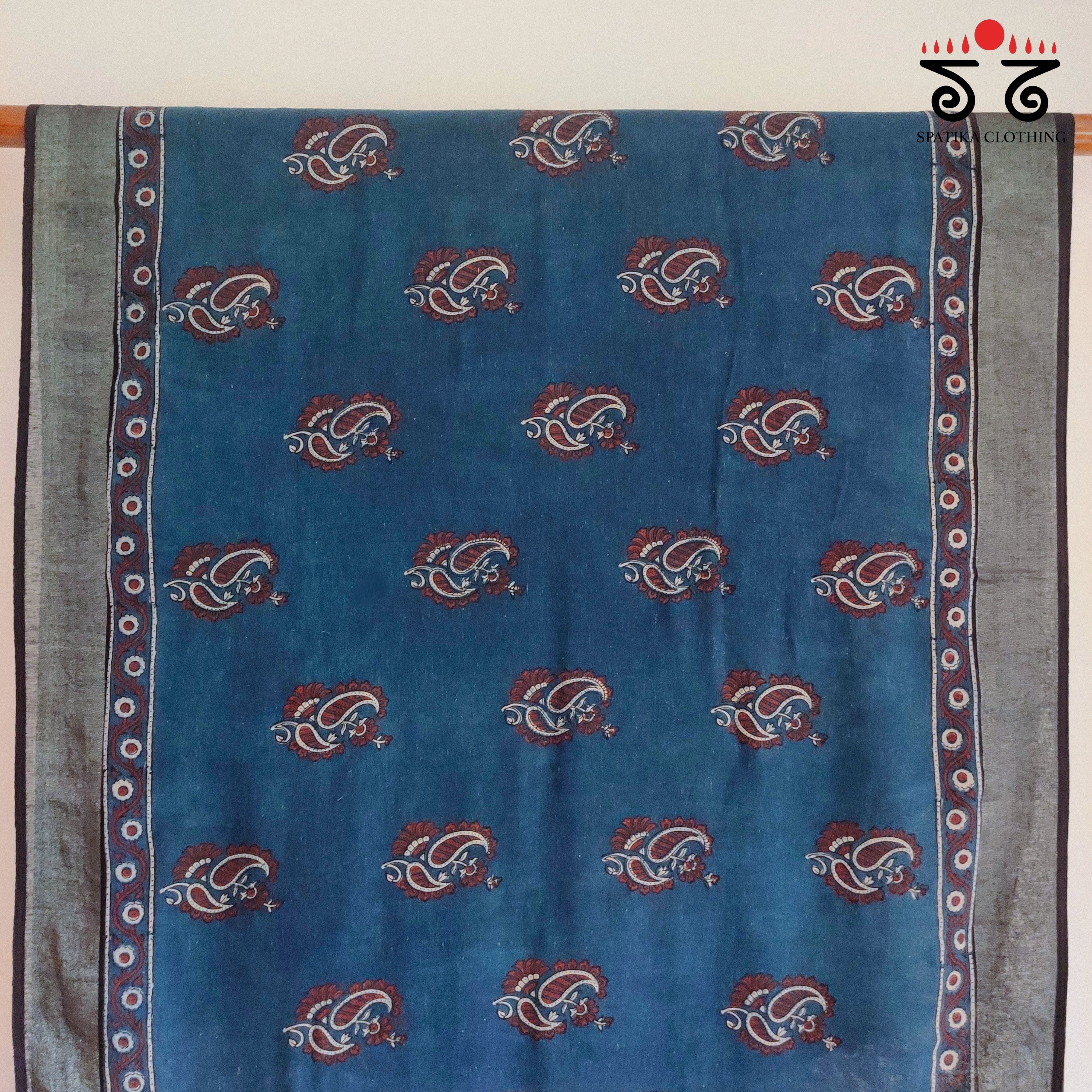 Ajrak Handblock Print On Linen Saree