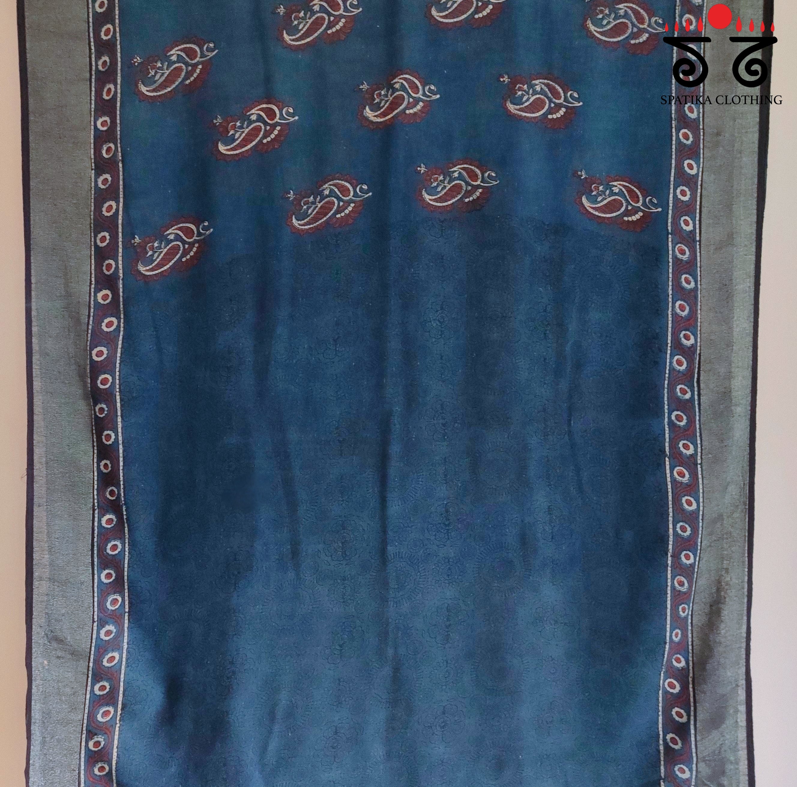 Ajrak Handblock Print On Linen Saree
