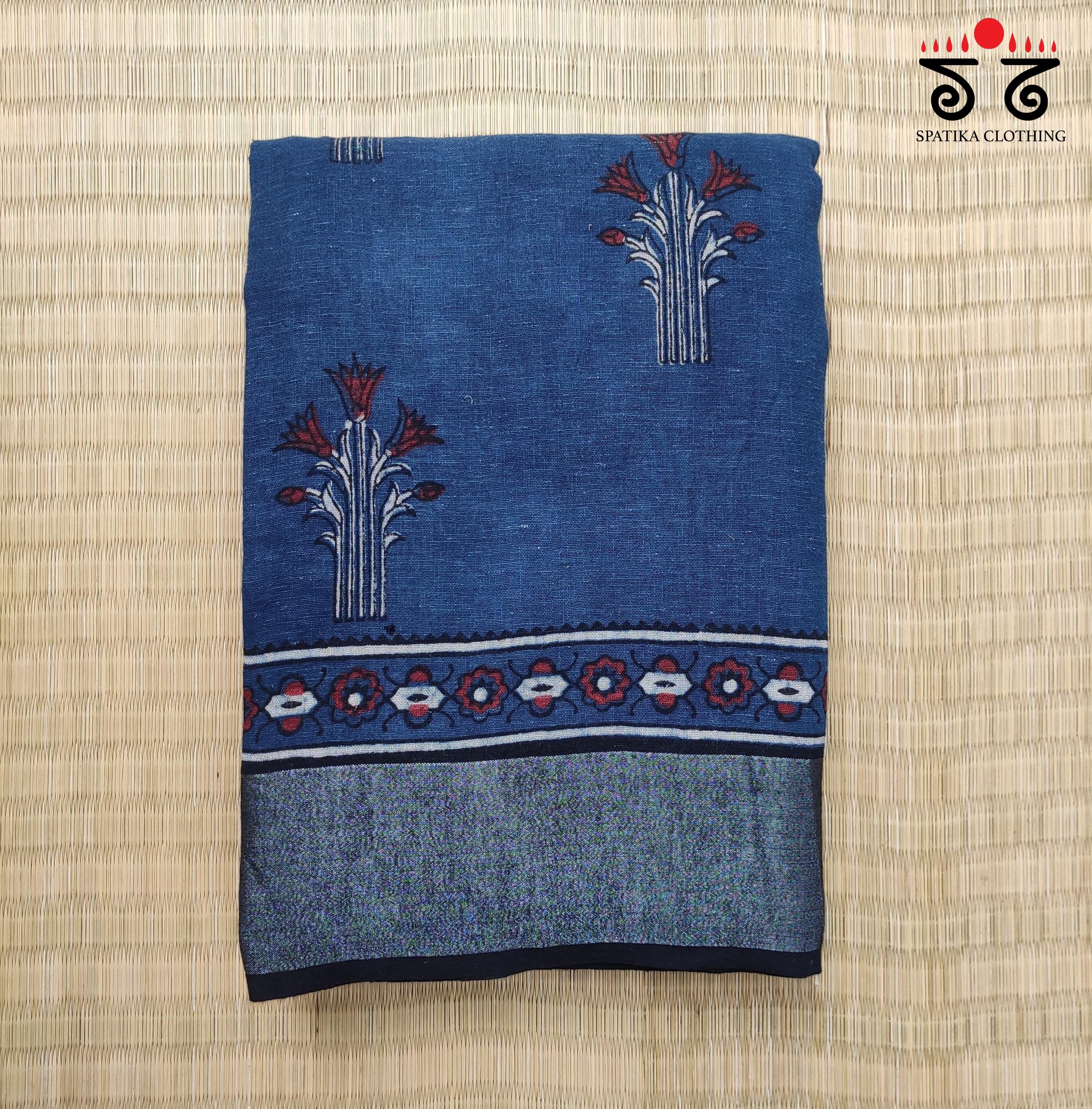 Ajrak Handblock Print On Linen Saree