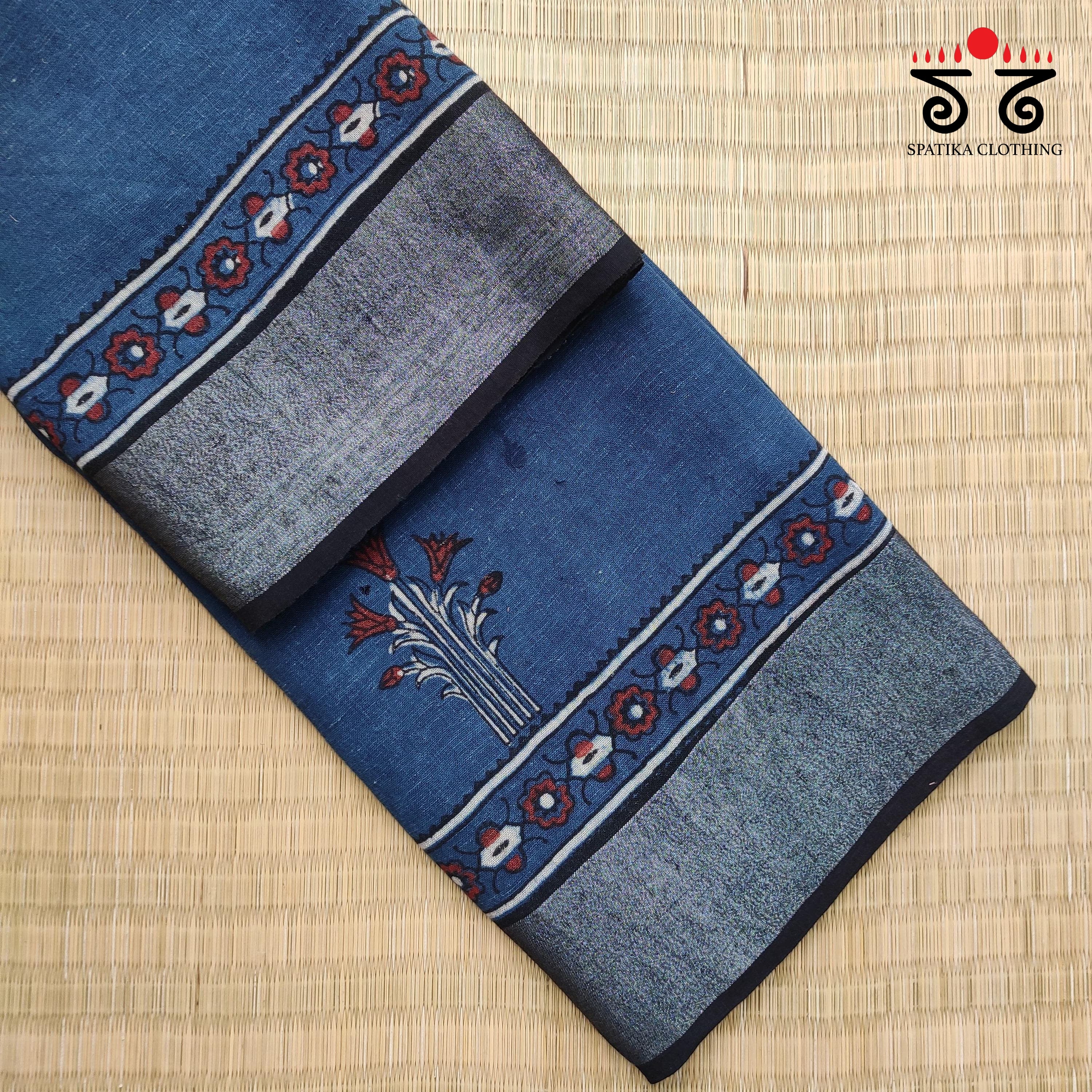 Ajrak Handblock Print On Linen Saree