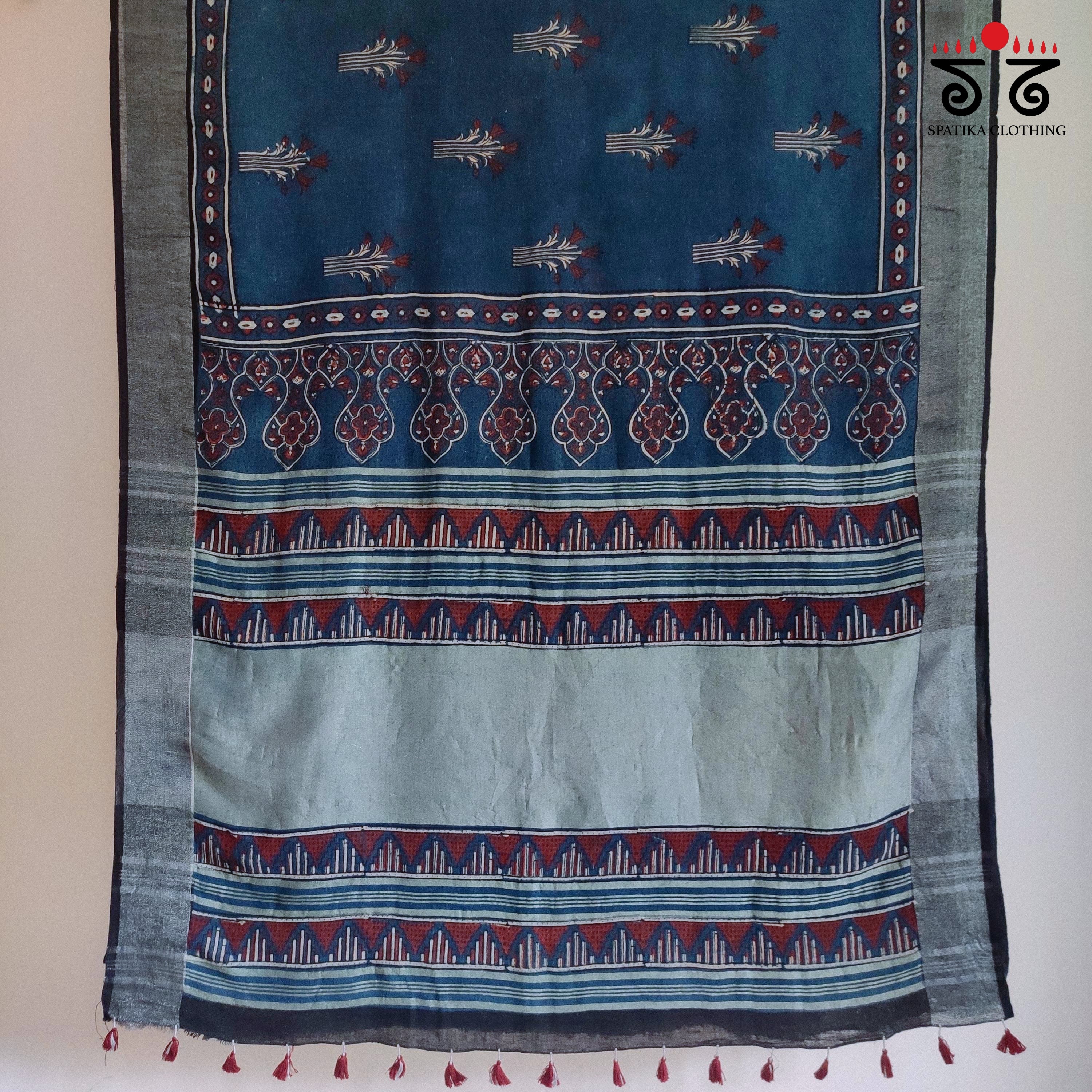 Ajrak Handblock Print On Linen Saree