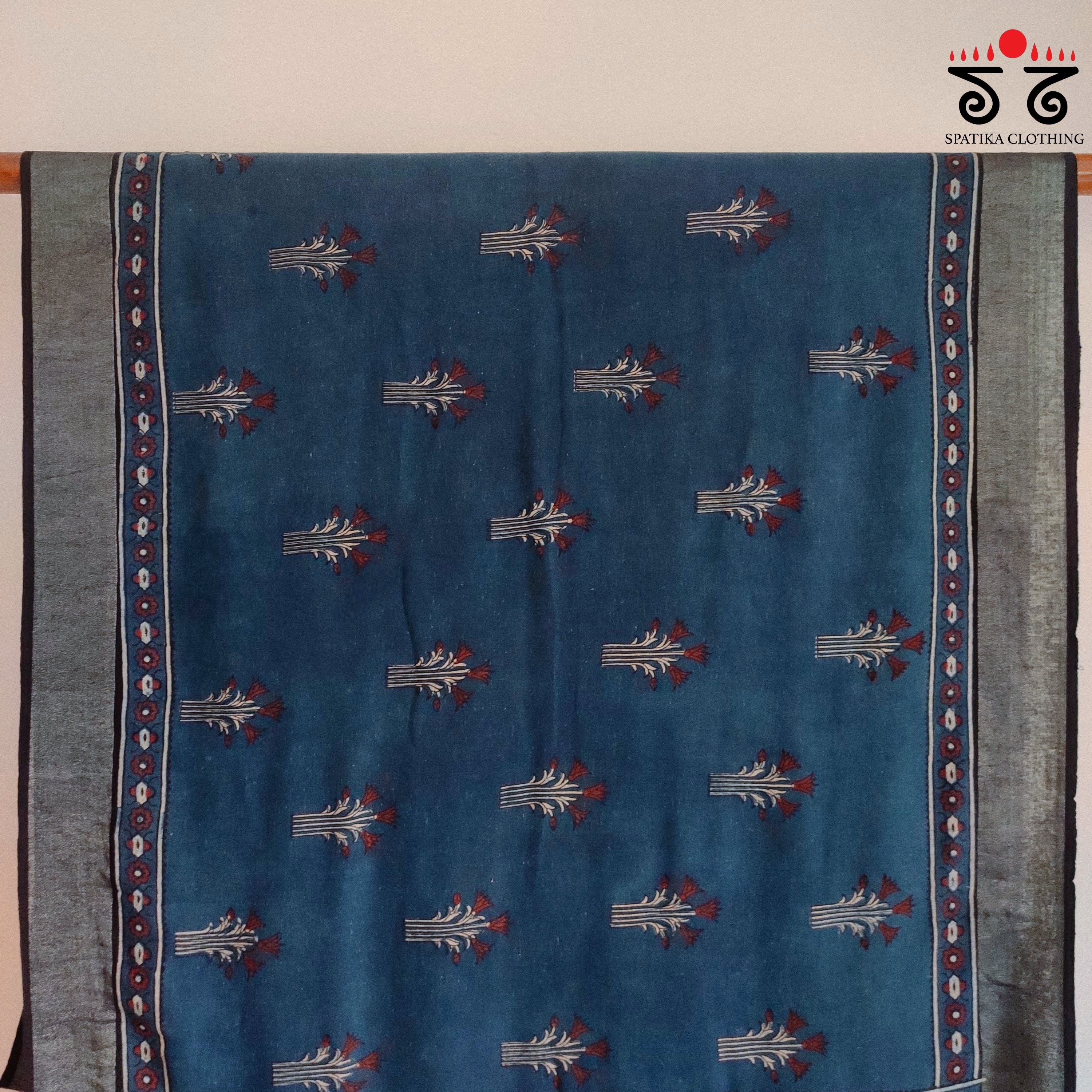 Ajrak Handblock Print On Linen Saree