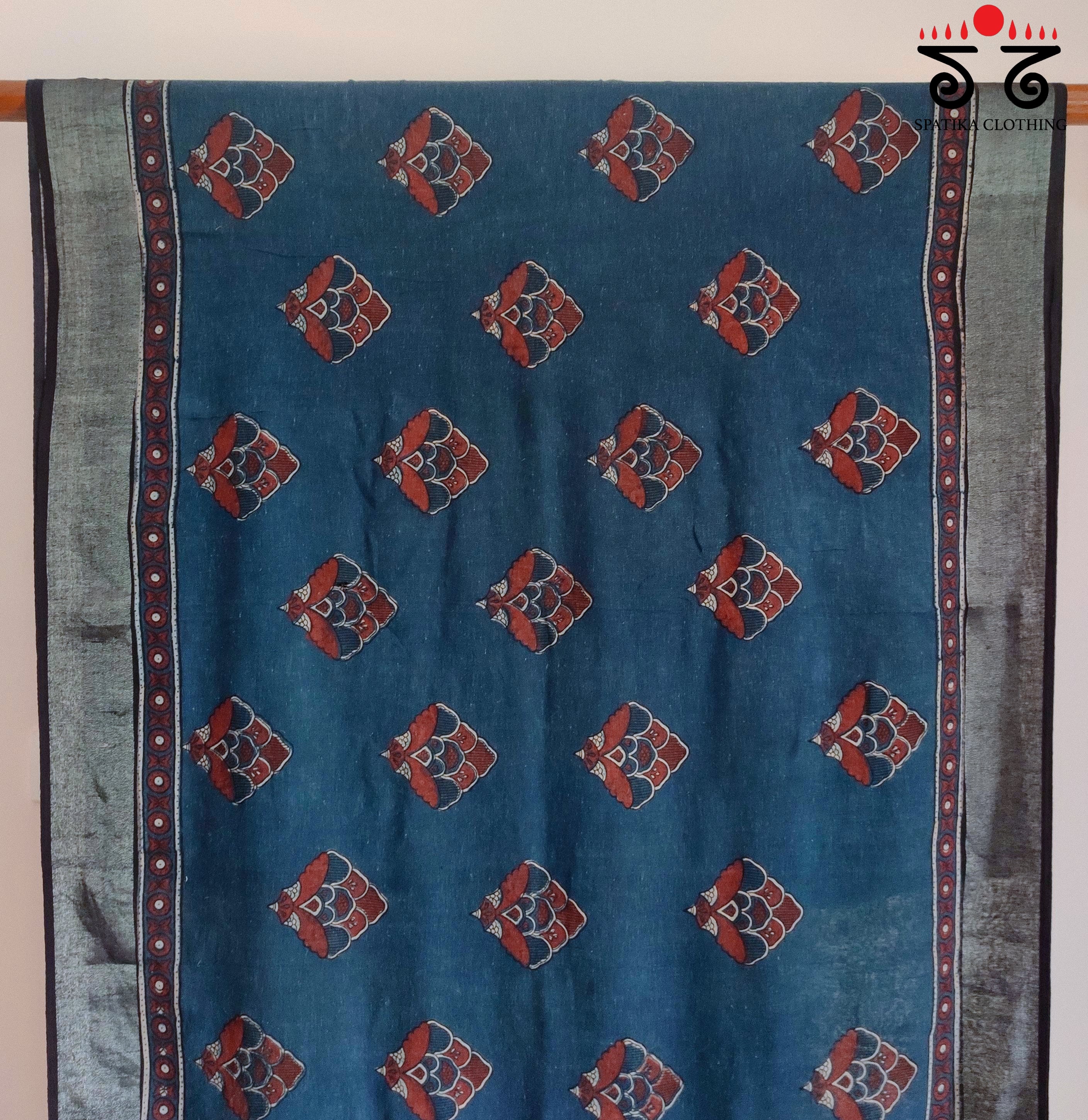 Ajrak Handblock Print On Linen Saree