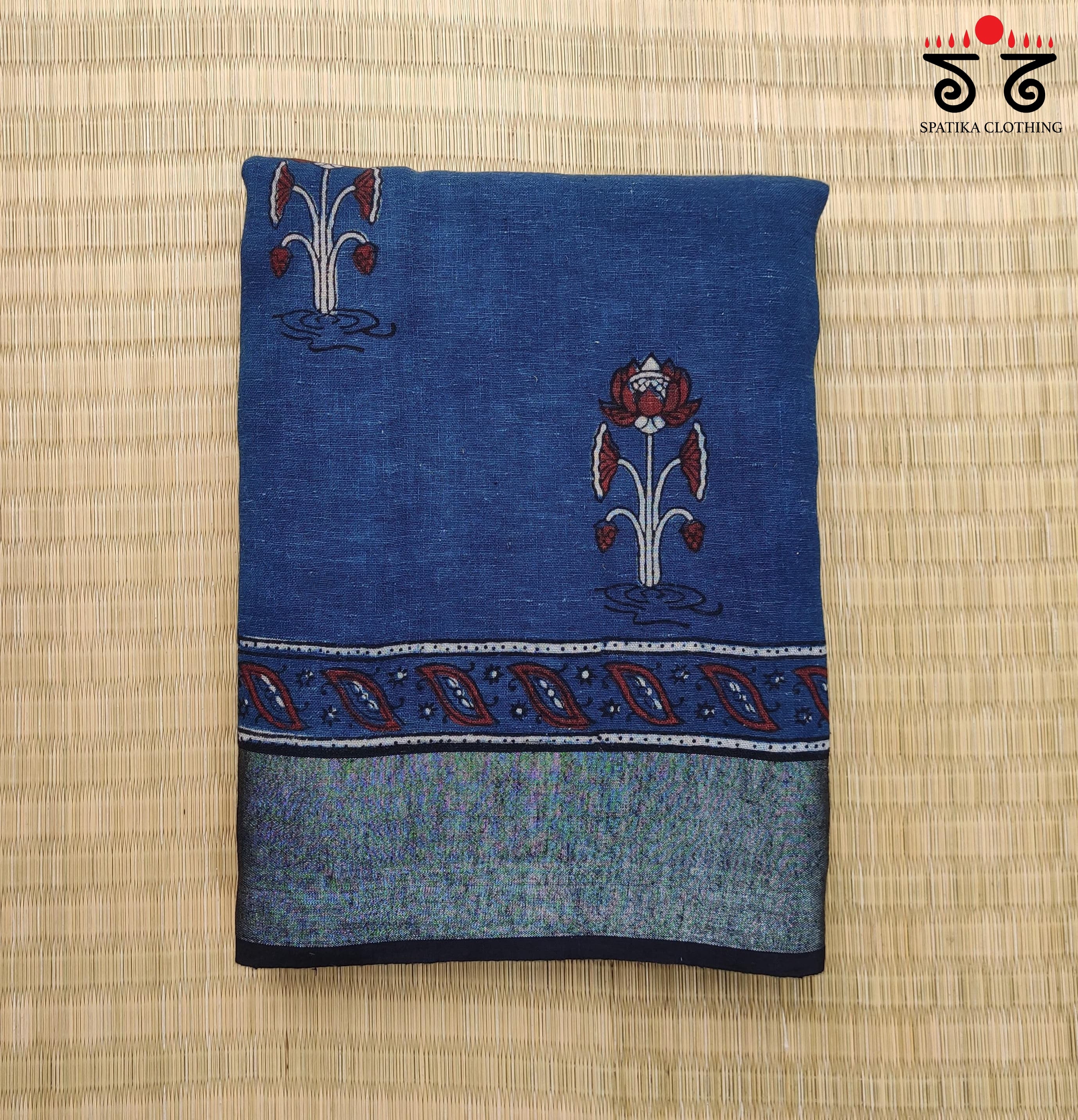 Ajrak Handblock Print On Linen Saree