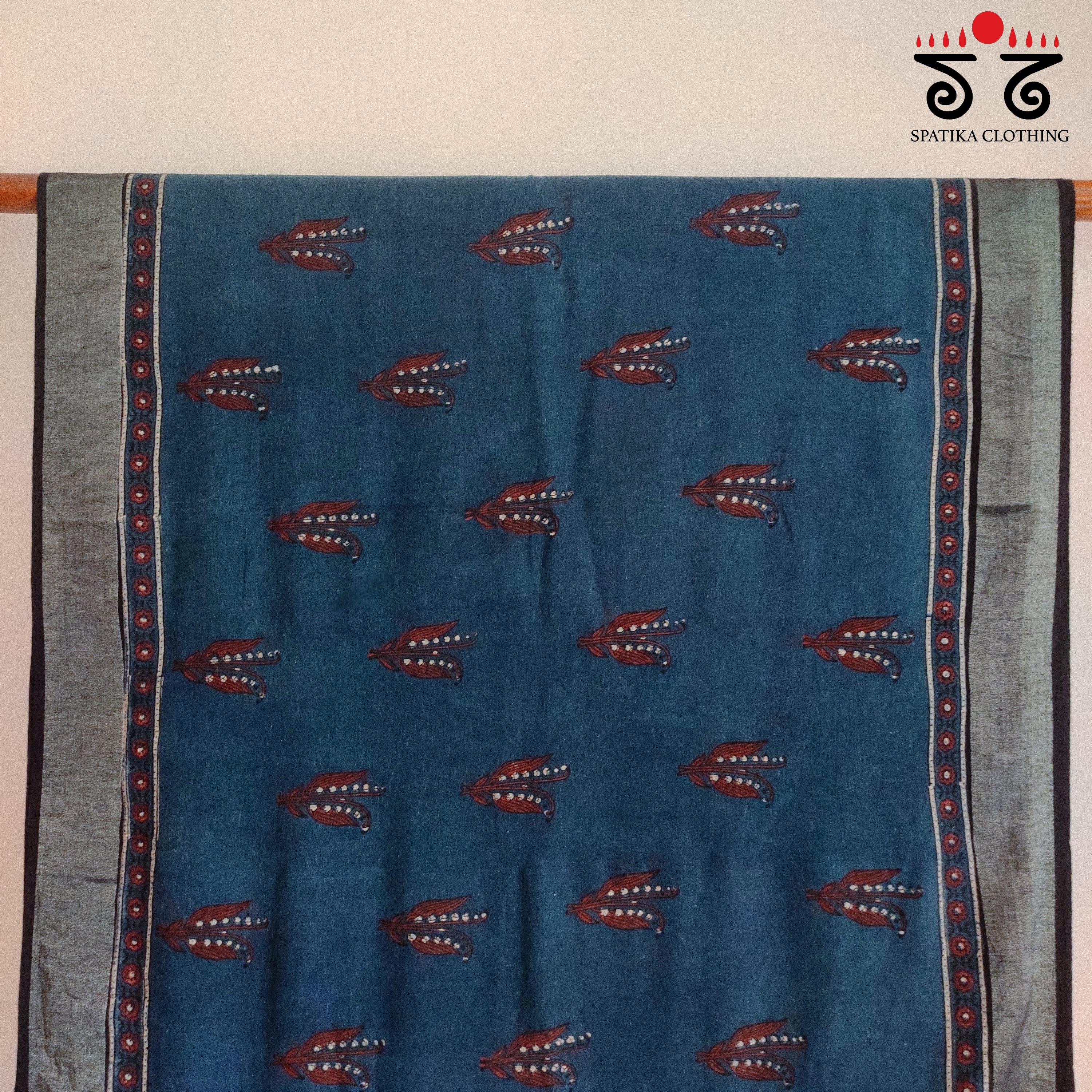 Ajrak Handblock Print On Linen Saree