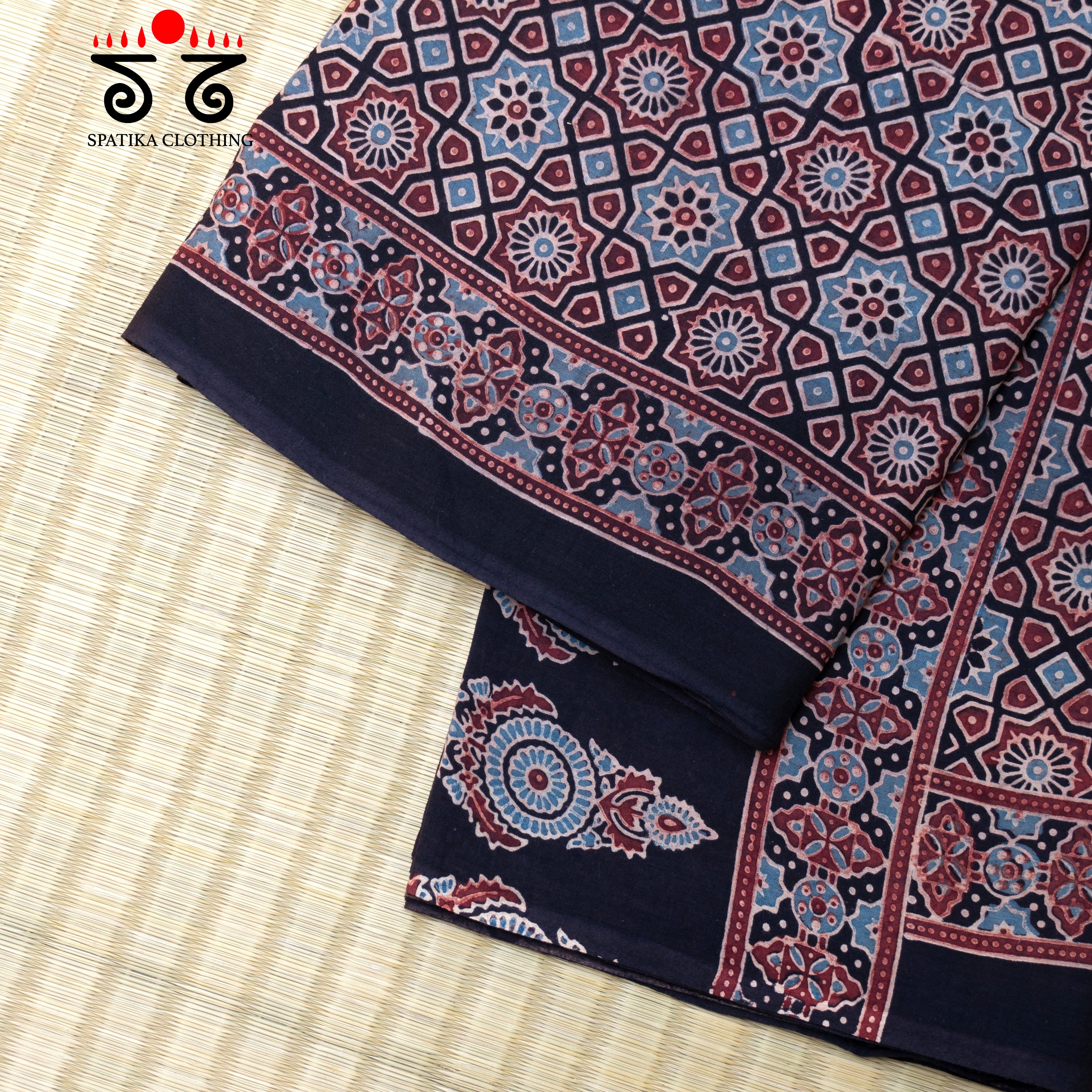 Ajrakh Handblock Printed on Mulmul Cotton Saree