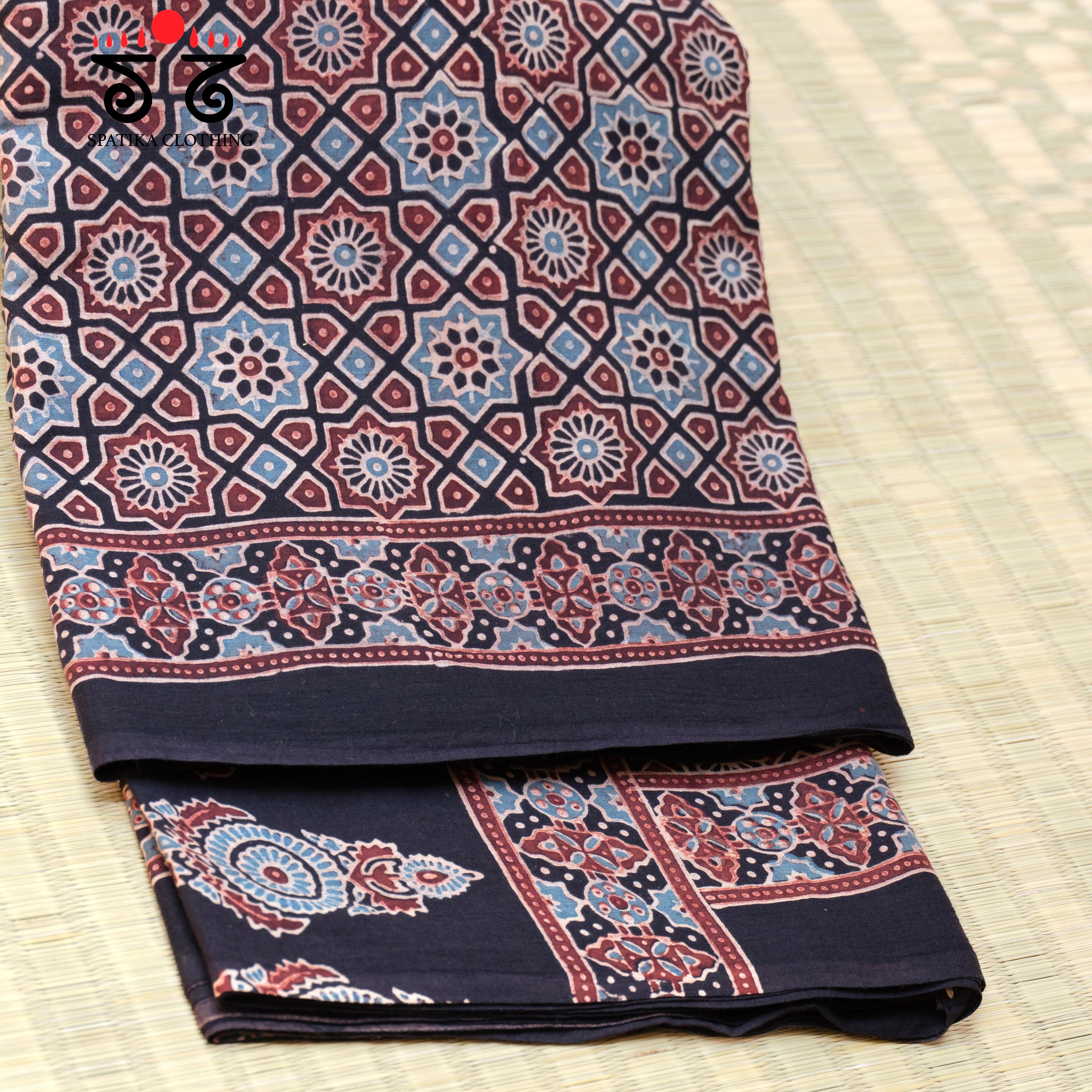 Ajrakh Handblock Printed on Mulmul Cotton Saree
