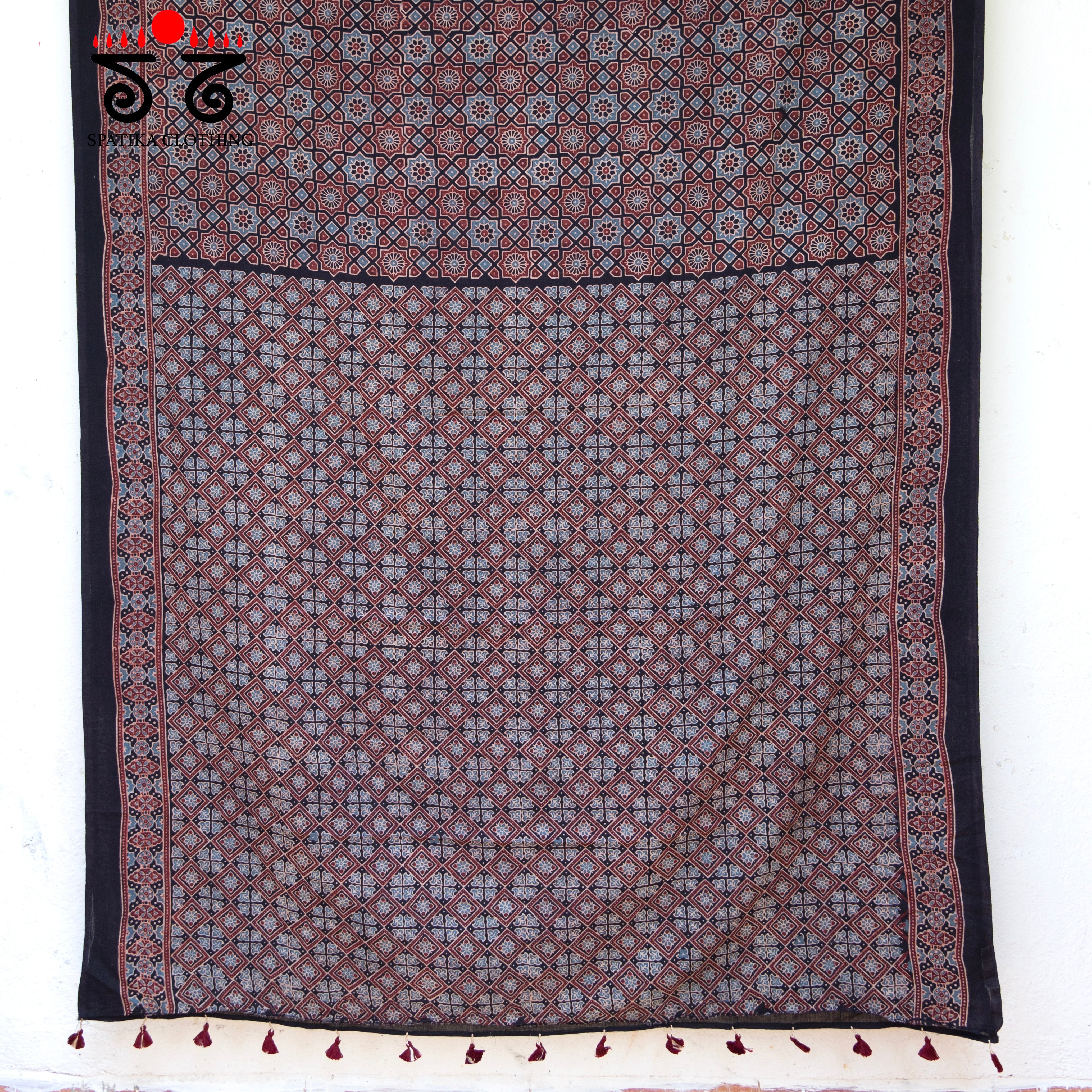 Ajrakh Handblock Printed on Mulmul Cotton Saree