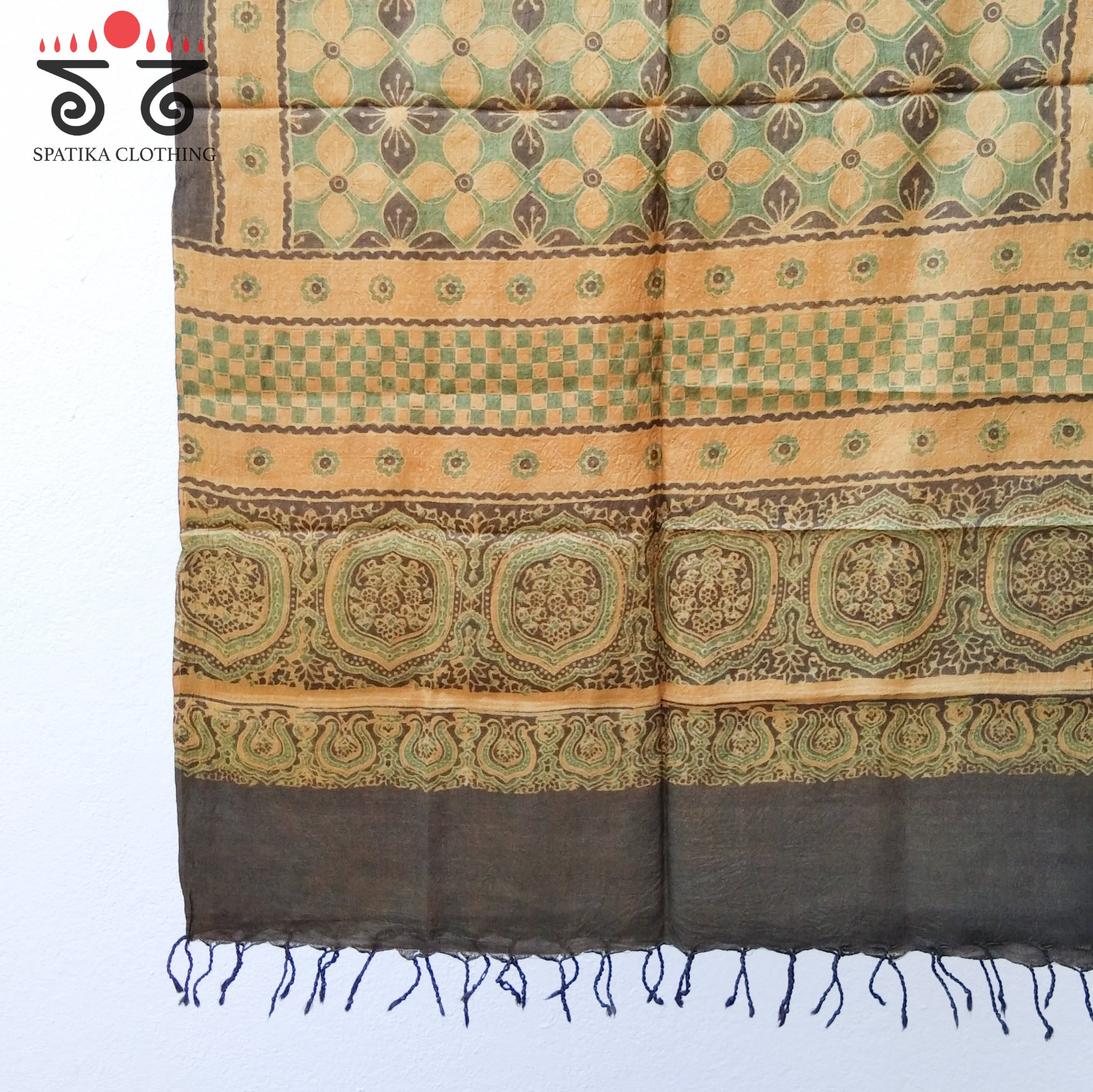Ajrakh On Tussar Stole - Natural Dyes