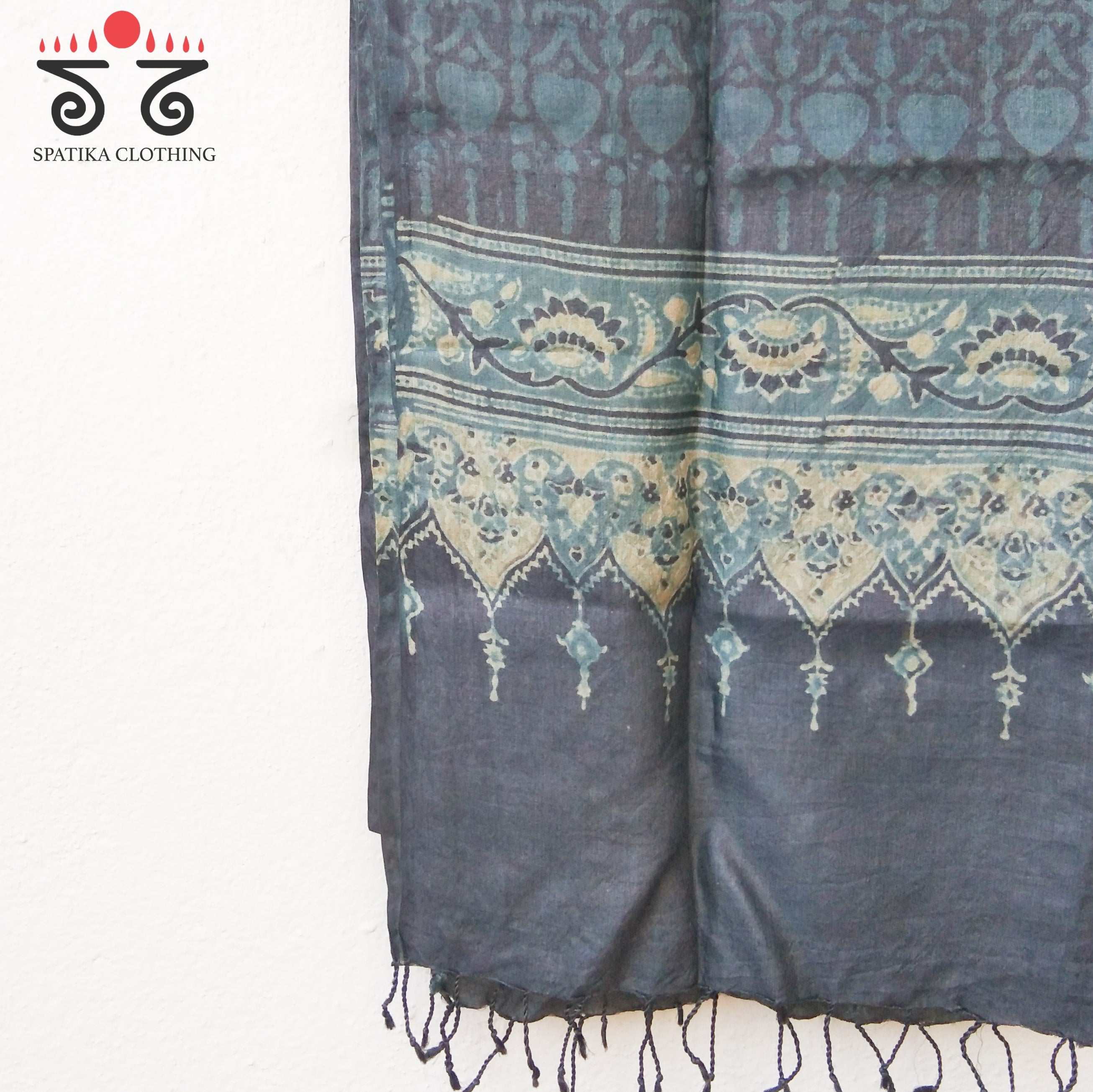 Ajrakh On Tussar Stole - Natural Dyes