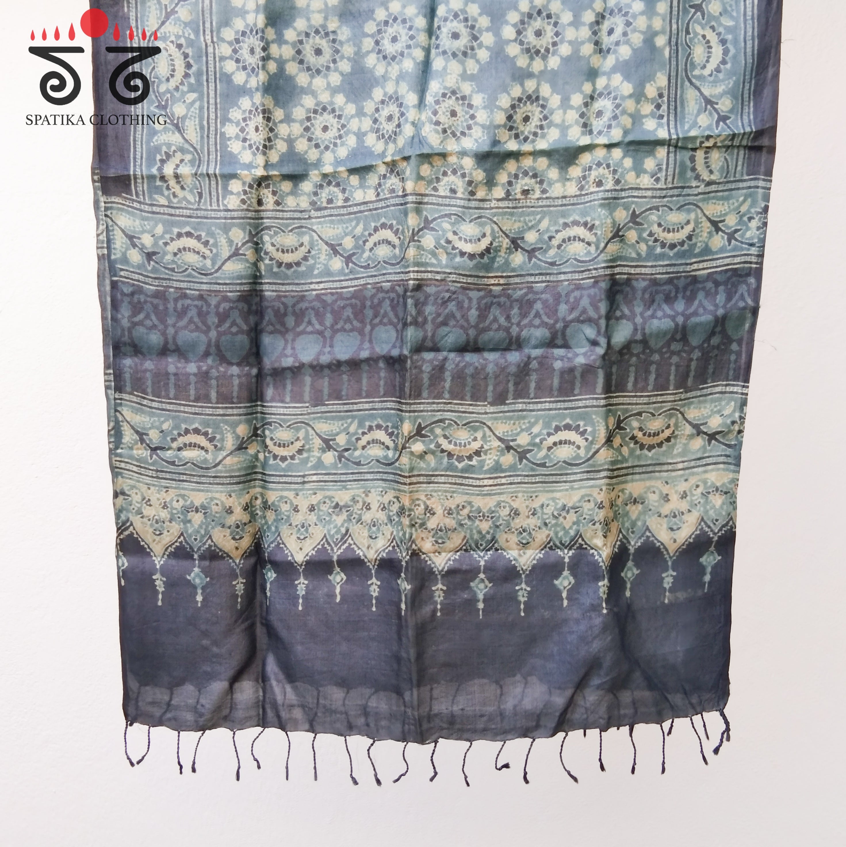 Ajrakh On Tussar Stole - Natural Dyes