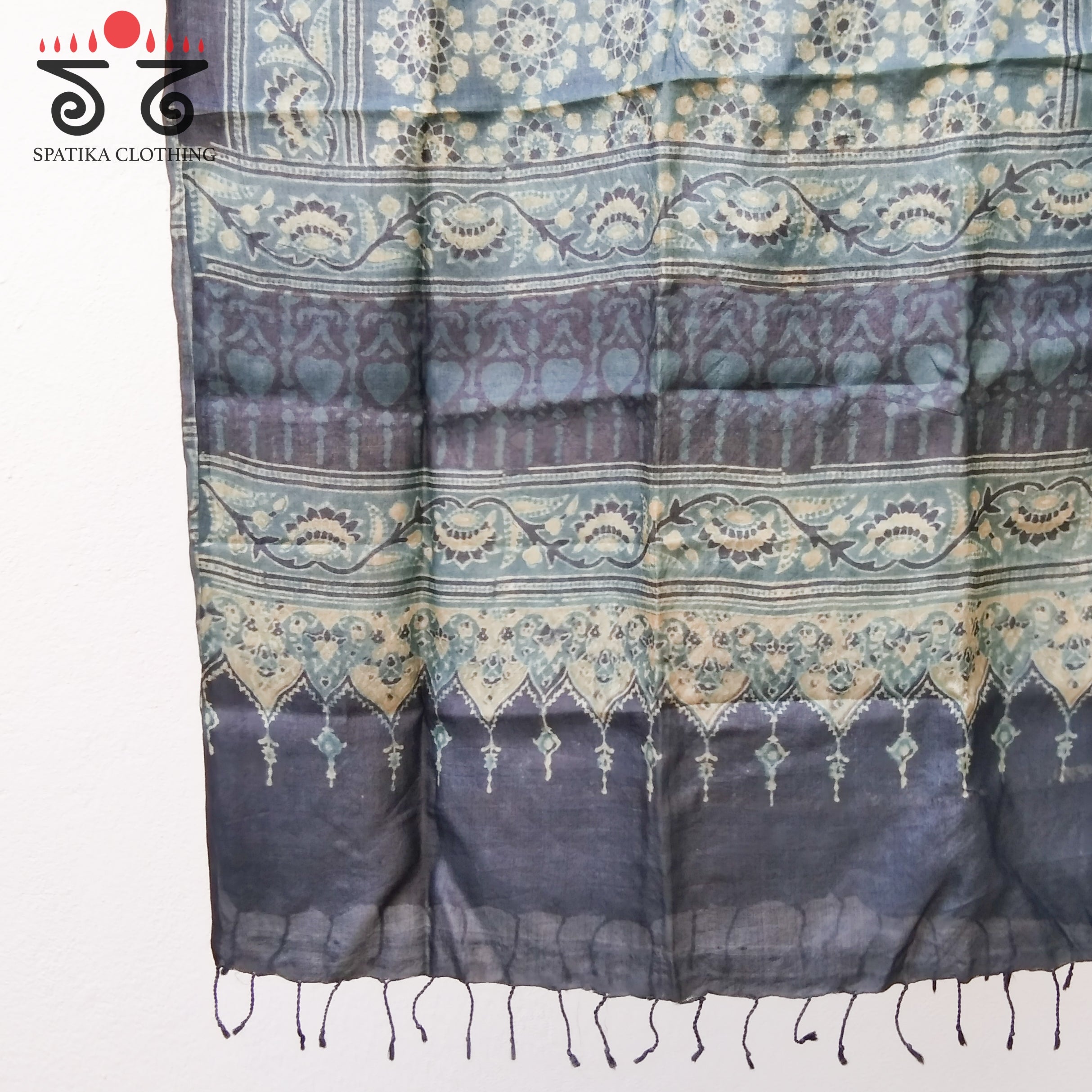 Ajrakh On Tussar Stole - Natural Dyes