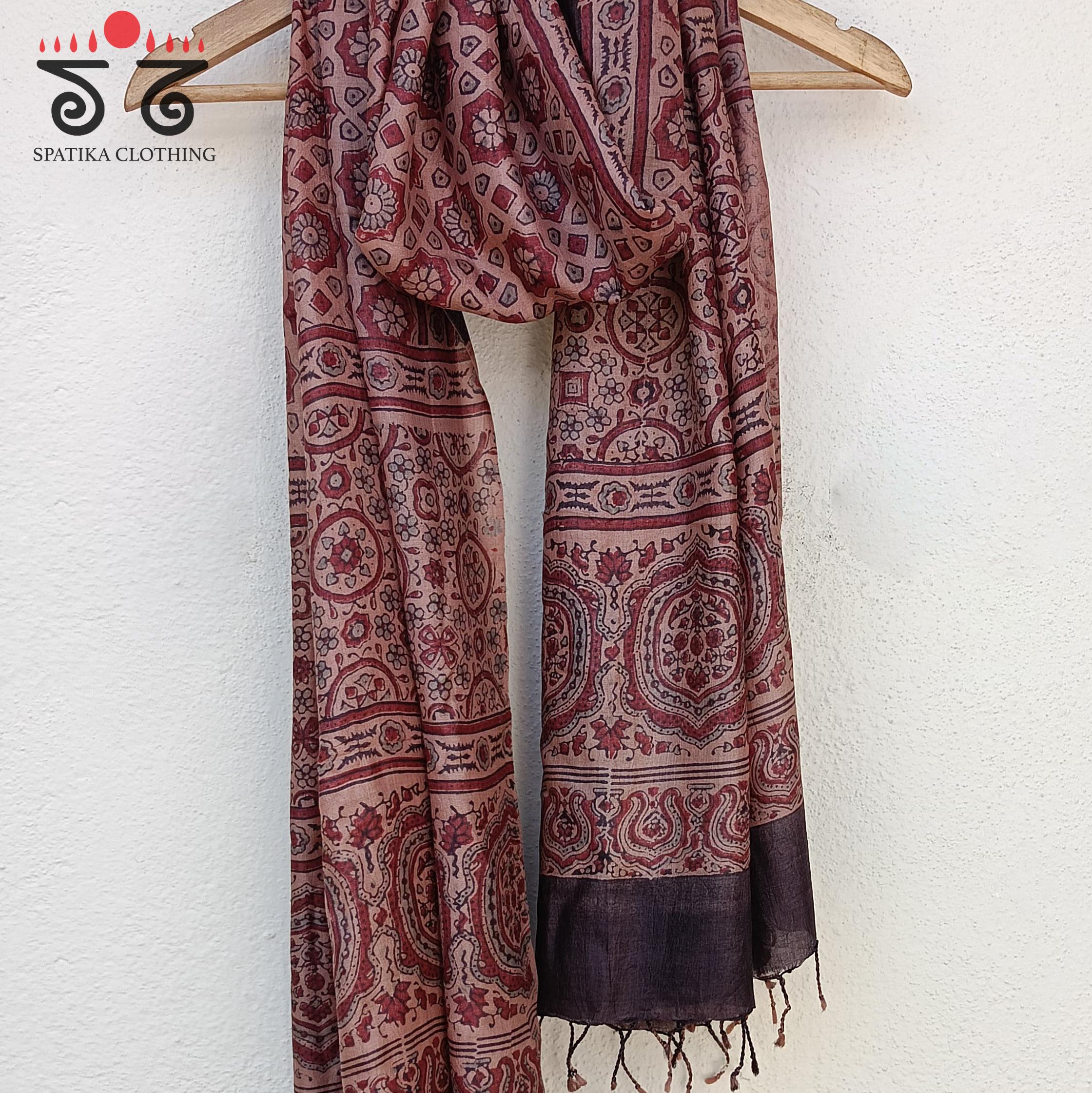 Ajrakh on Tussar Stole - Narural Dyes