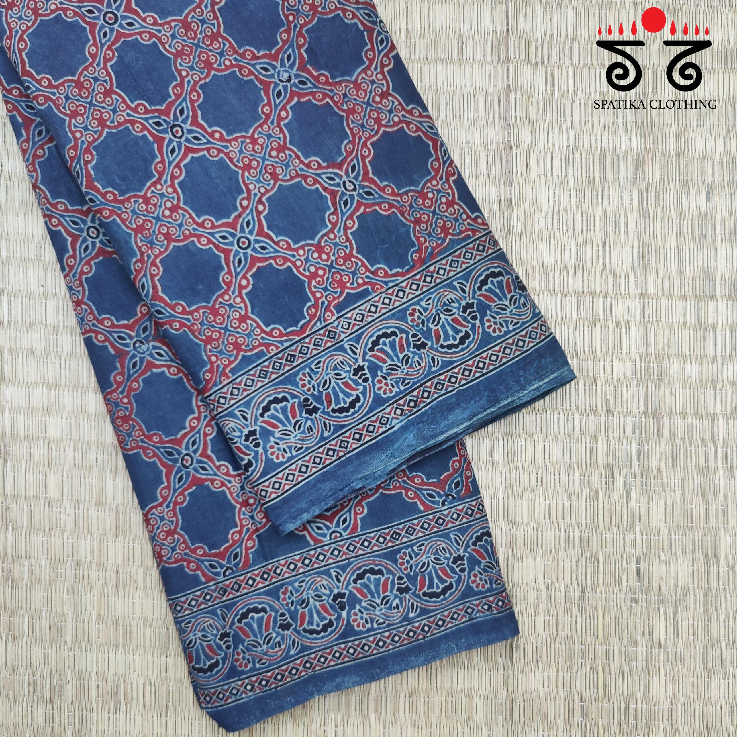 Ajrakh Handblock Print on Mulmul Cotton Saree