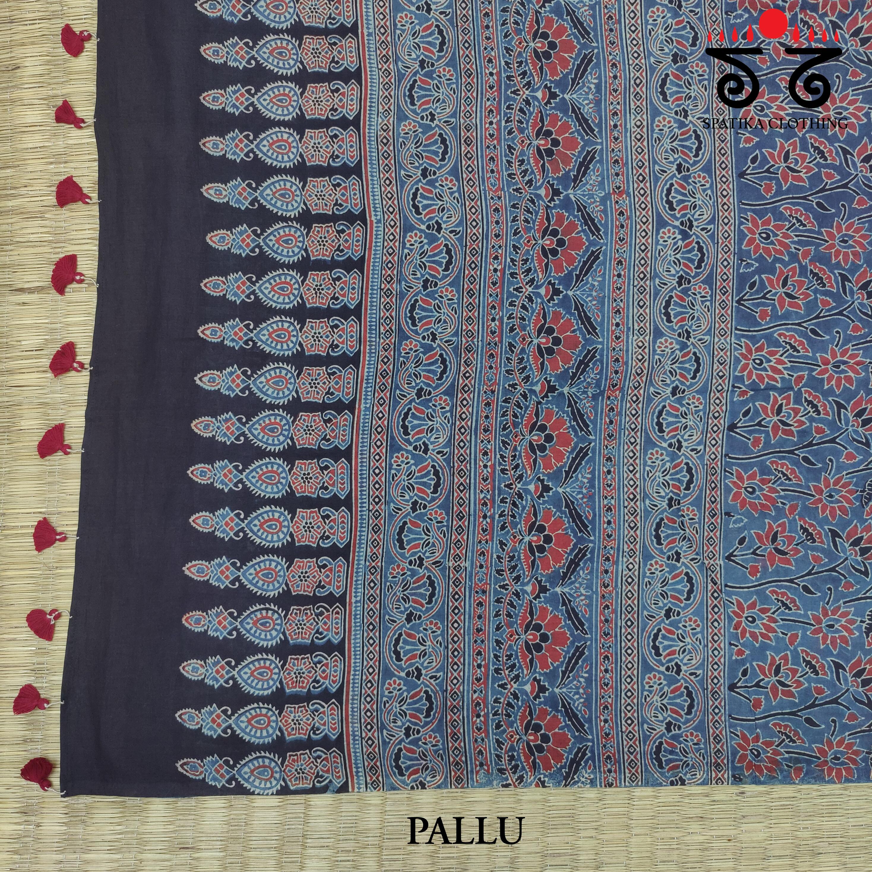 Ajrakh Handblock Print on Mulmul Cotton Saree