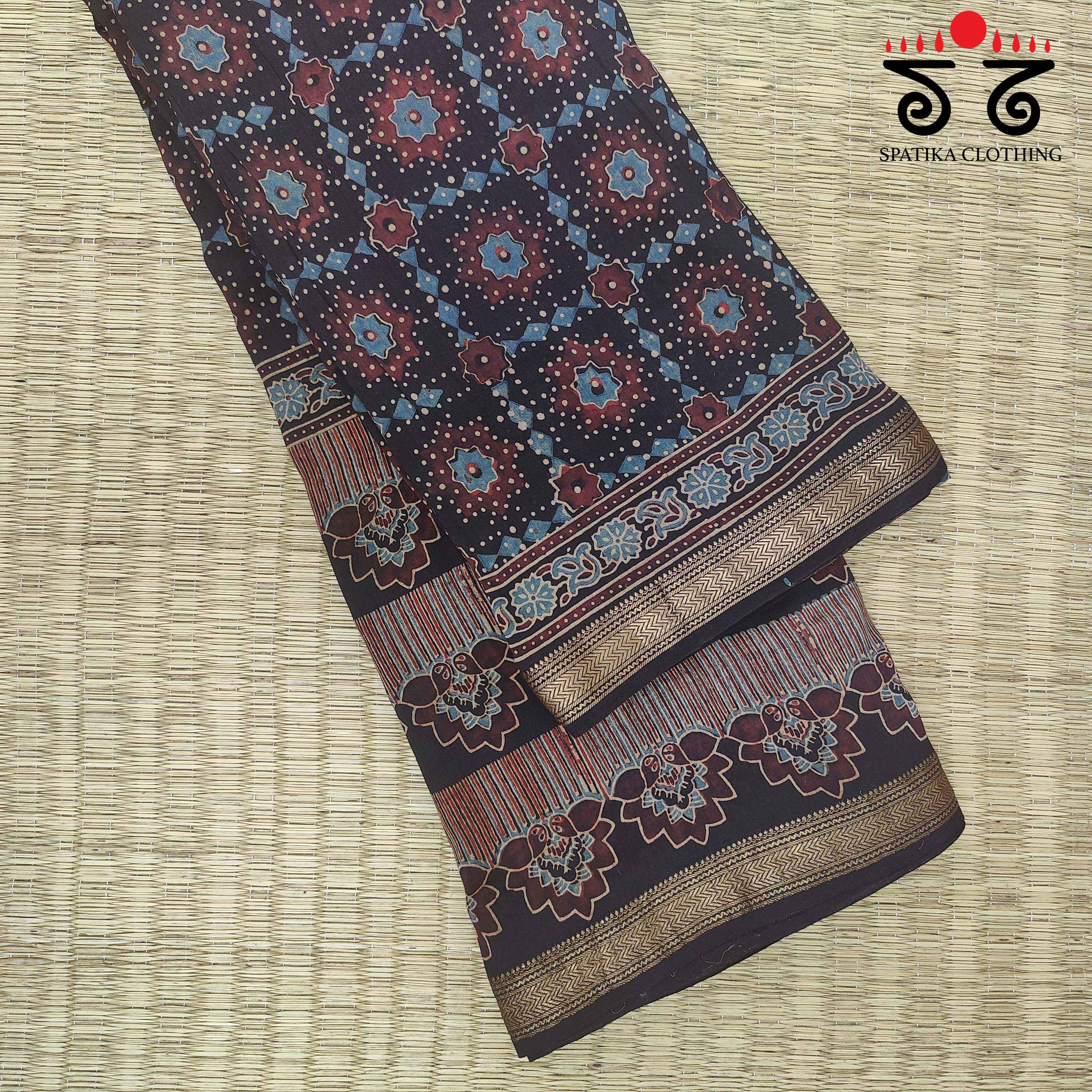 Ajrakh Handblock Print on Maheshwari Saree