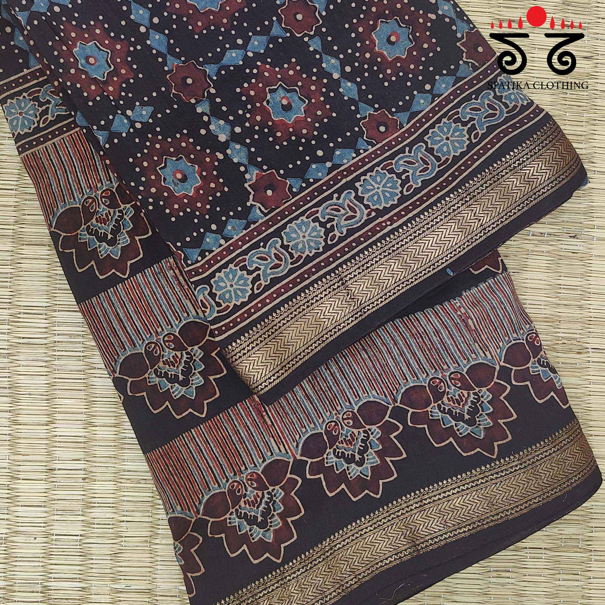 Ajrakh Handblock Print on Maheshwari Saree