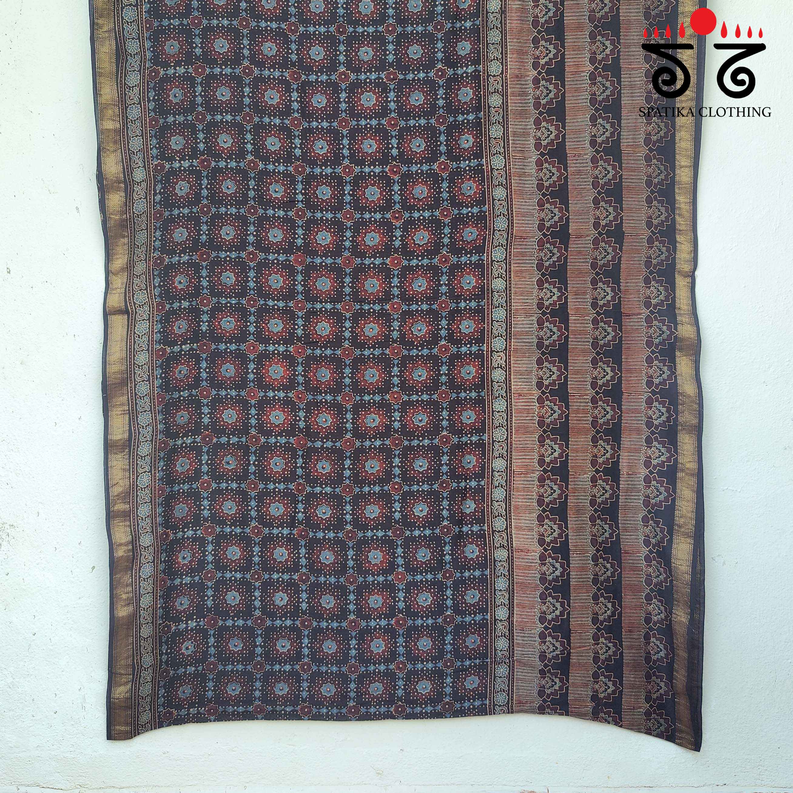 Ajrakh Handblock Print on Maheshwari Saree