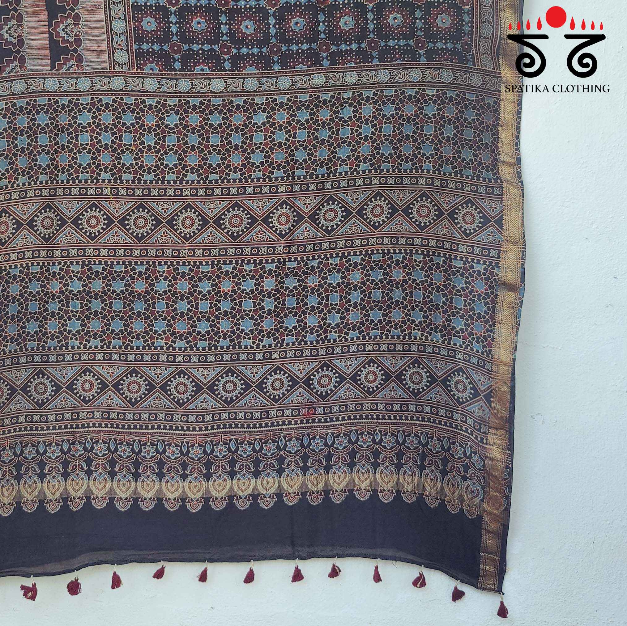 Ajrakh Handblock Print on Maheshwari Saree