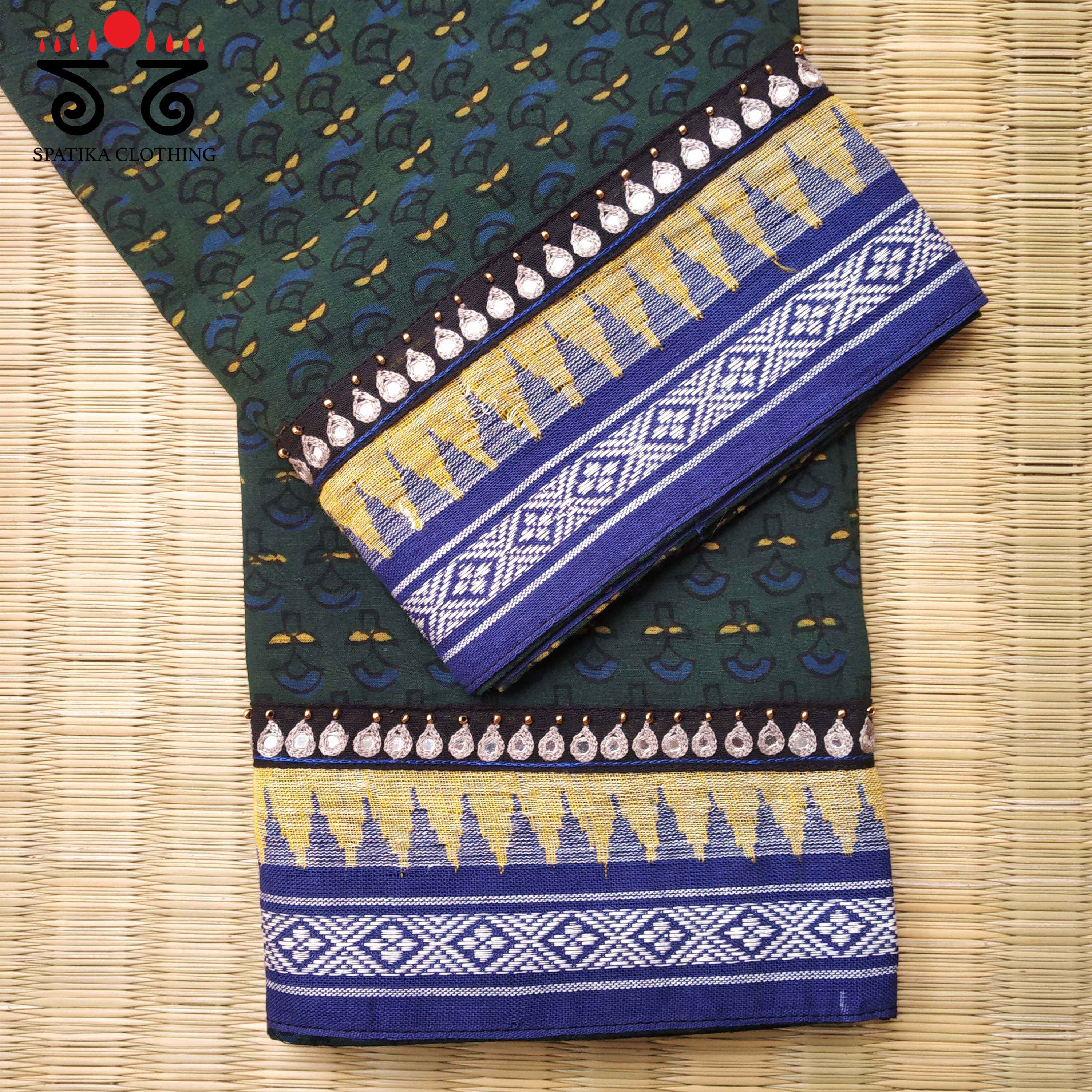 Ajrakh - Hand Embroidered Blouse Fabric