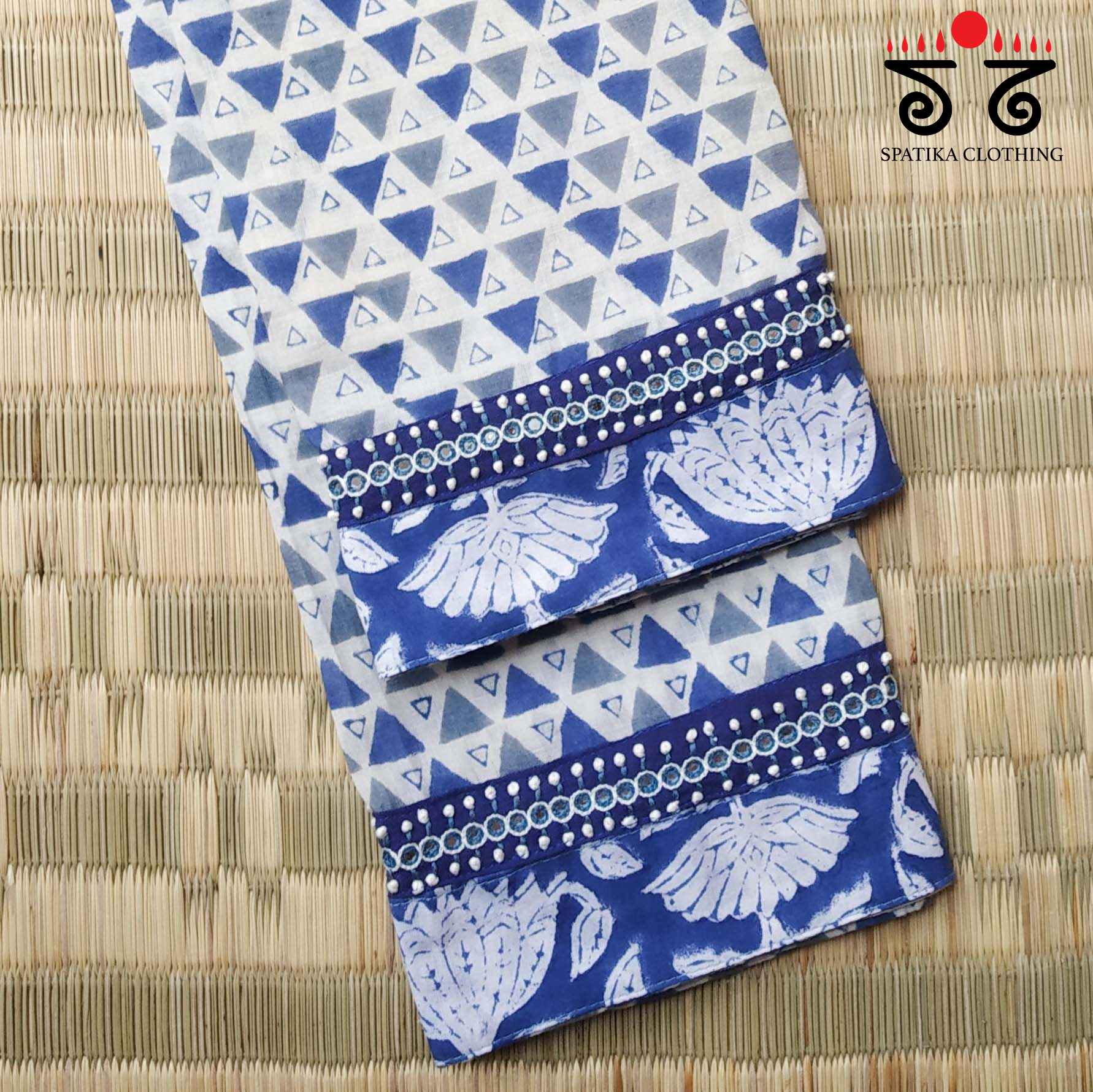 Handblock Printed - Hand Embroidered Blouse Fabric