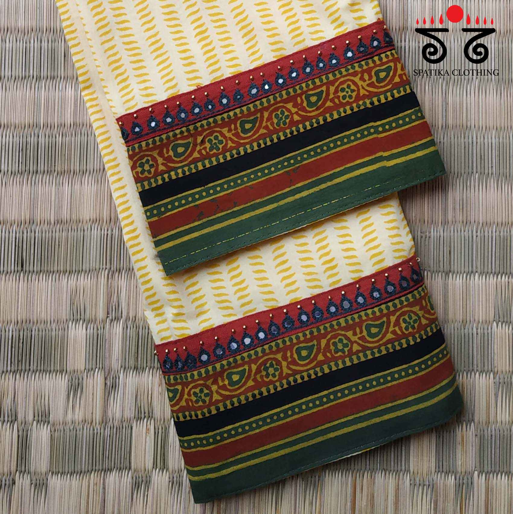 Handblock Printed - Hand Embroidered Blouse Fabric