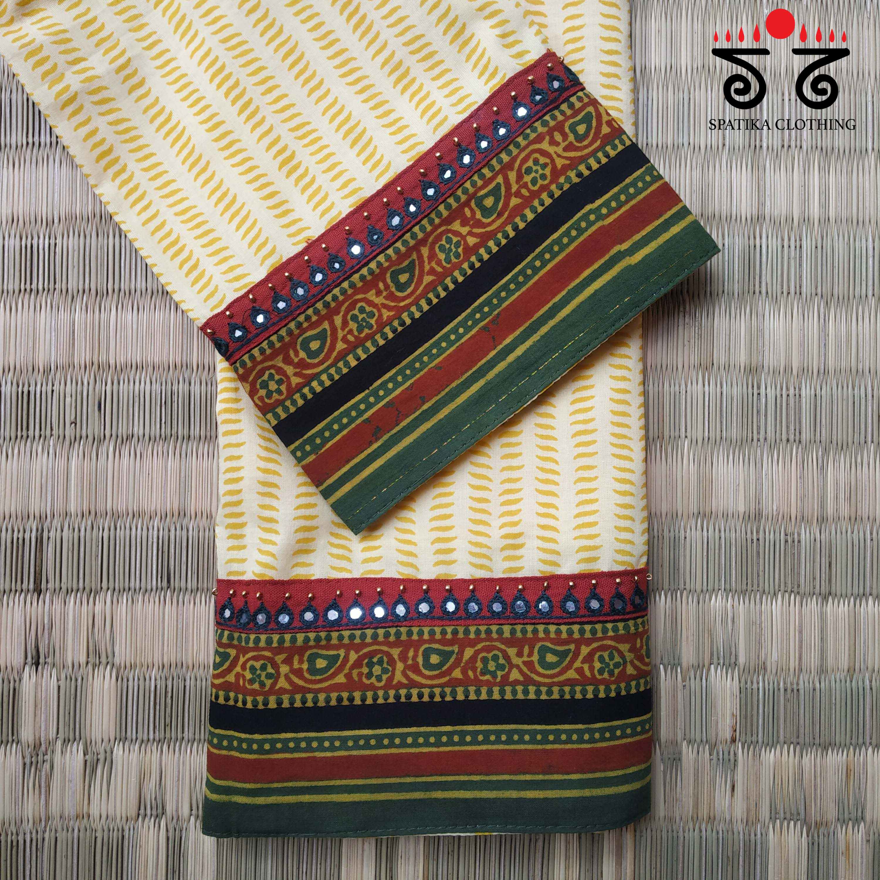 Handblock Printed - Hand Embroidered Blouse Fabric