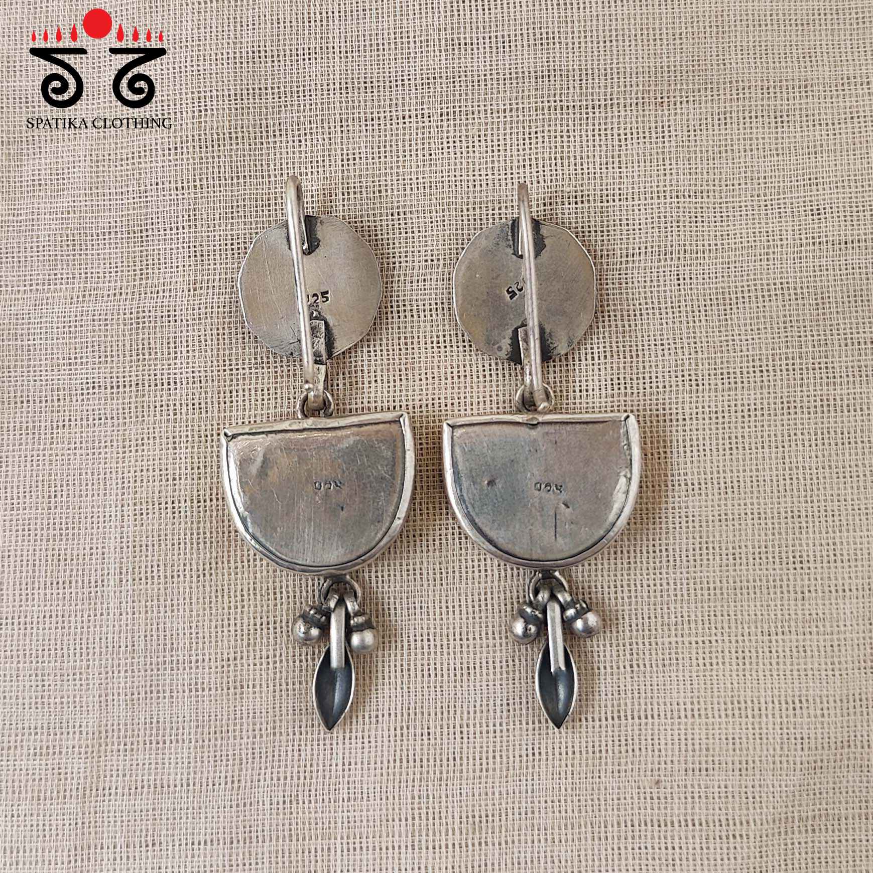 White D Shaped Silver Earrings - Handpainted