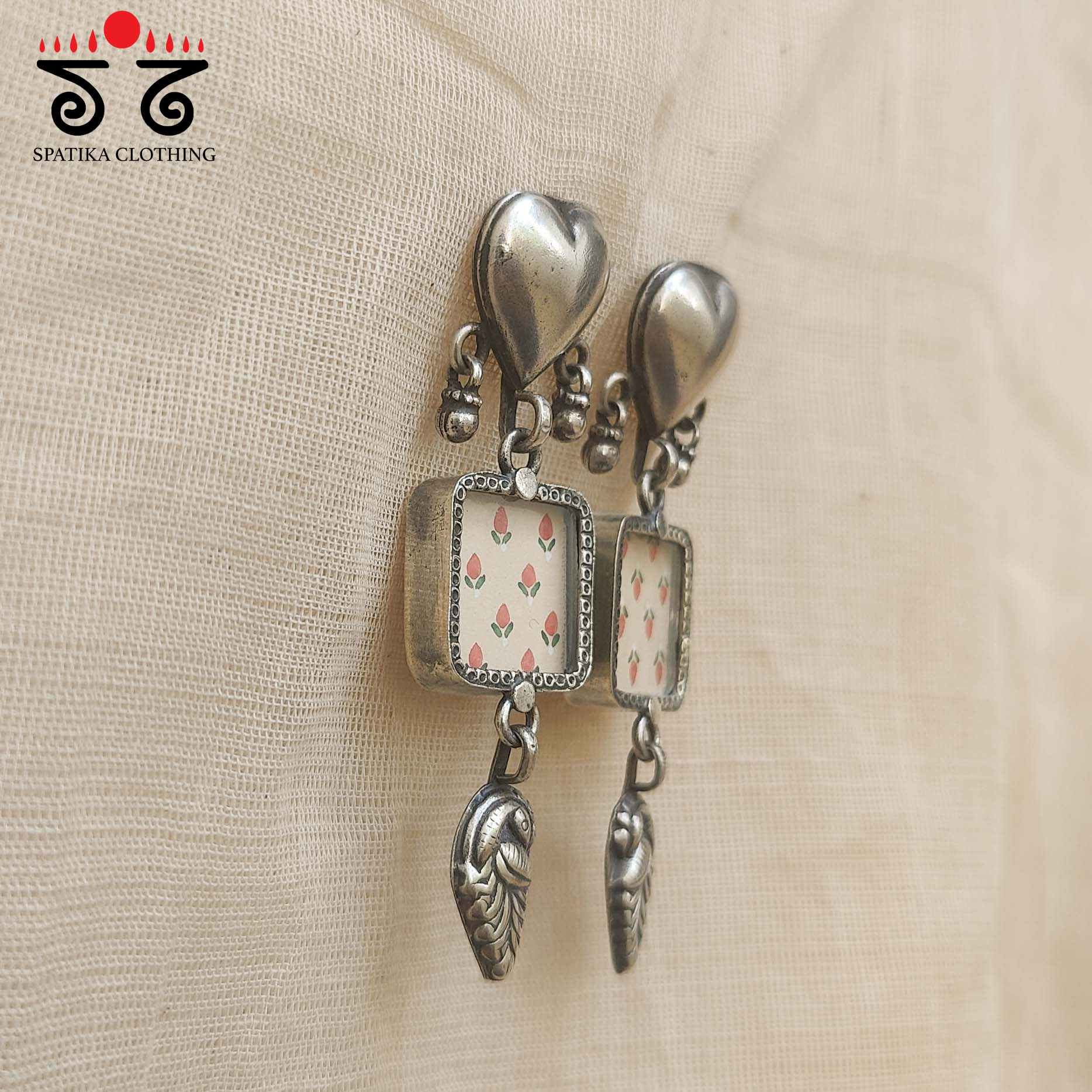 Heart Shaped Stud Silver Earrings - Handpainted