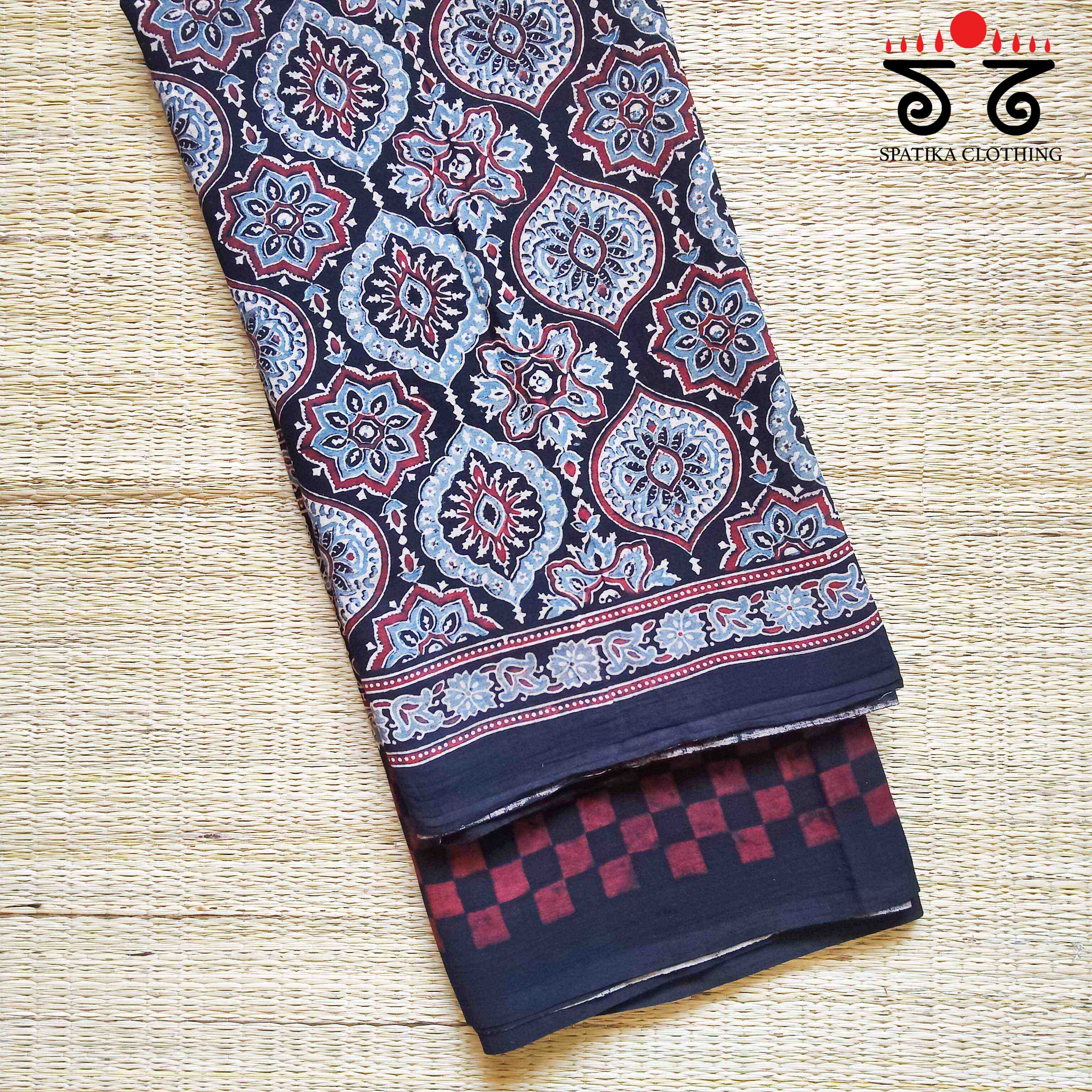 Ajrakh Handblock Print on Mulmul Cotton Saree