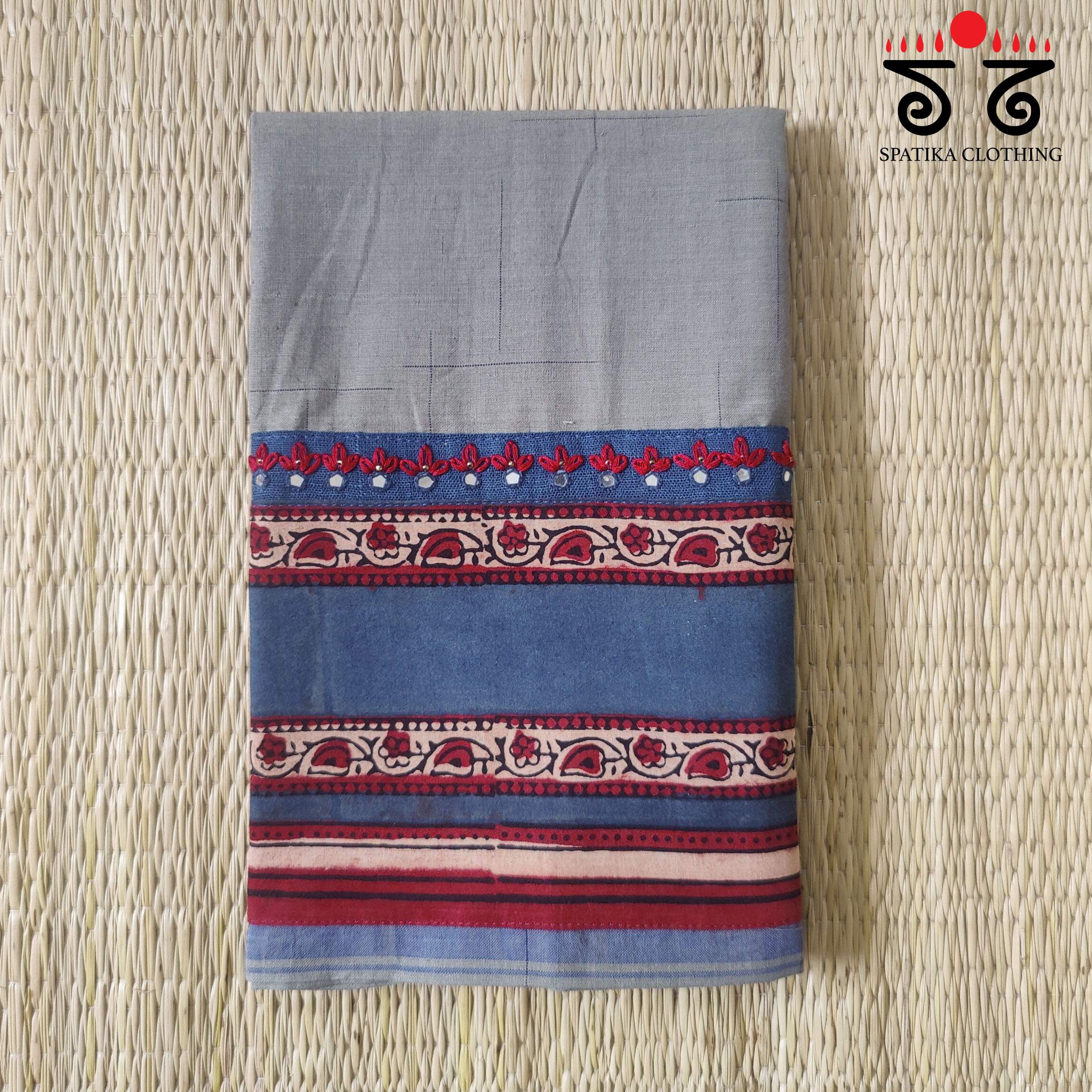 Ajrak hand embroidered Blouse Fabric