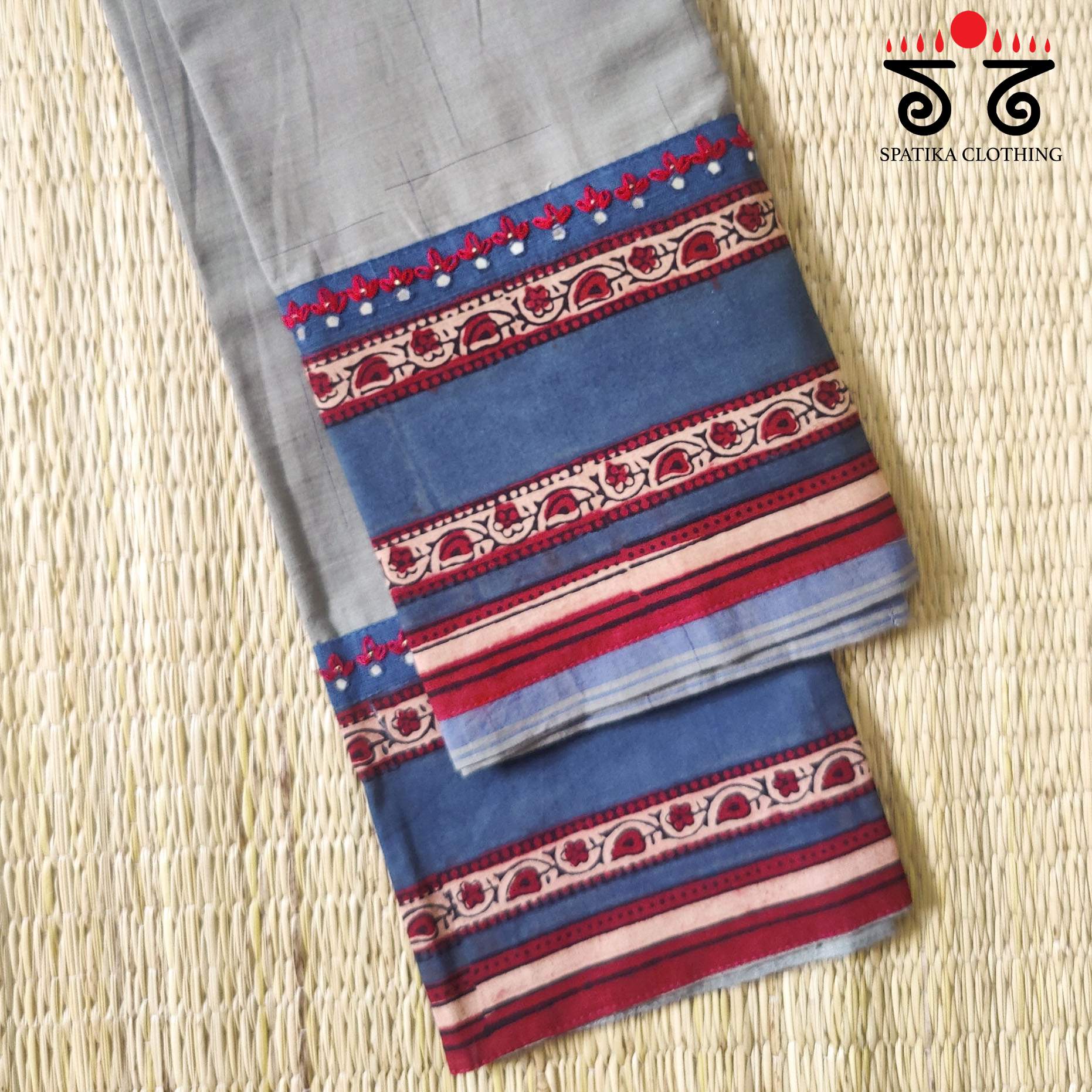 Ajrak hand embroidered Blouse Fabric