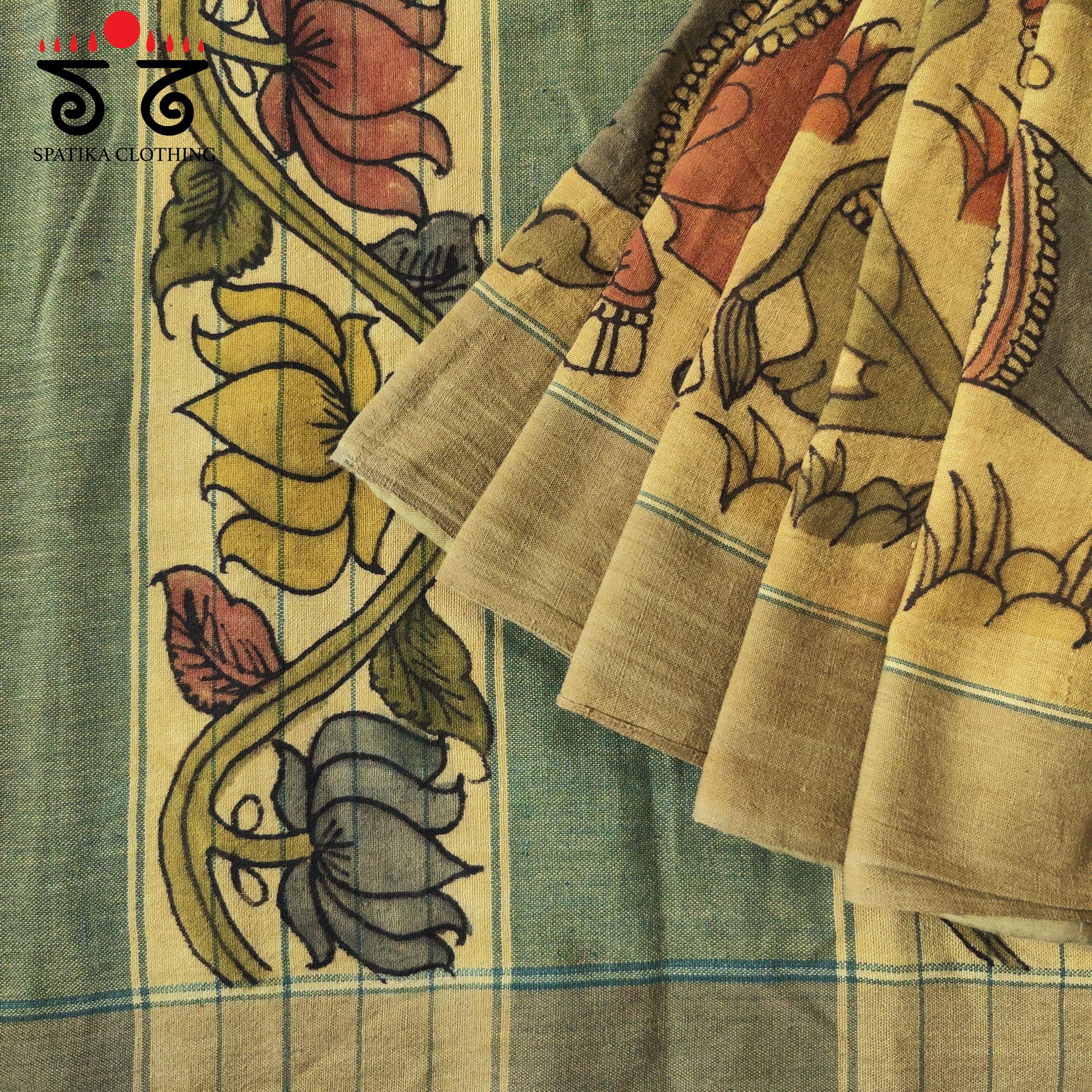 Beige Pen Kalamkari Handspun Cotton Saree