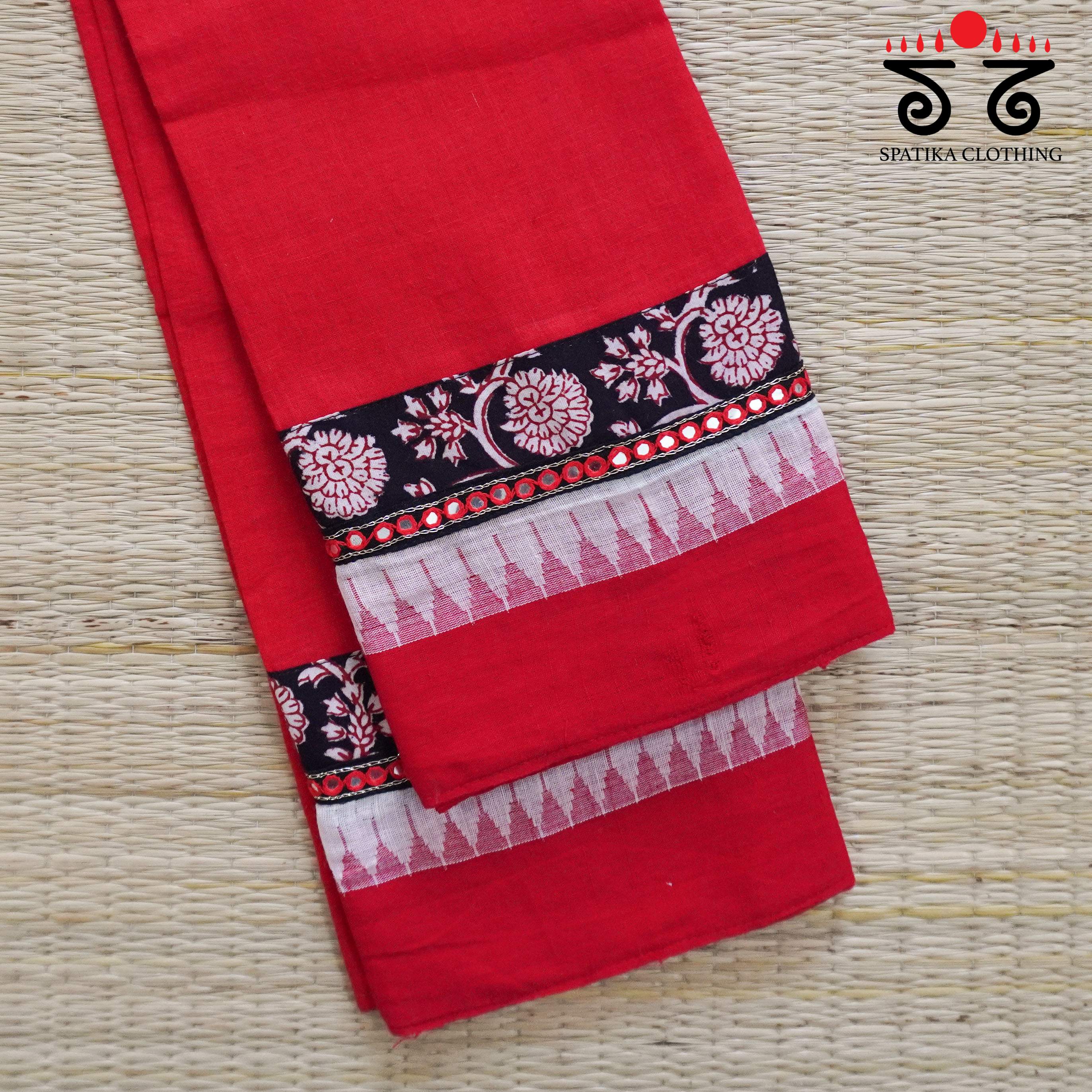 Handblock Printed - Hand Embroidered Blouse Fabric