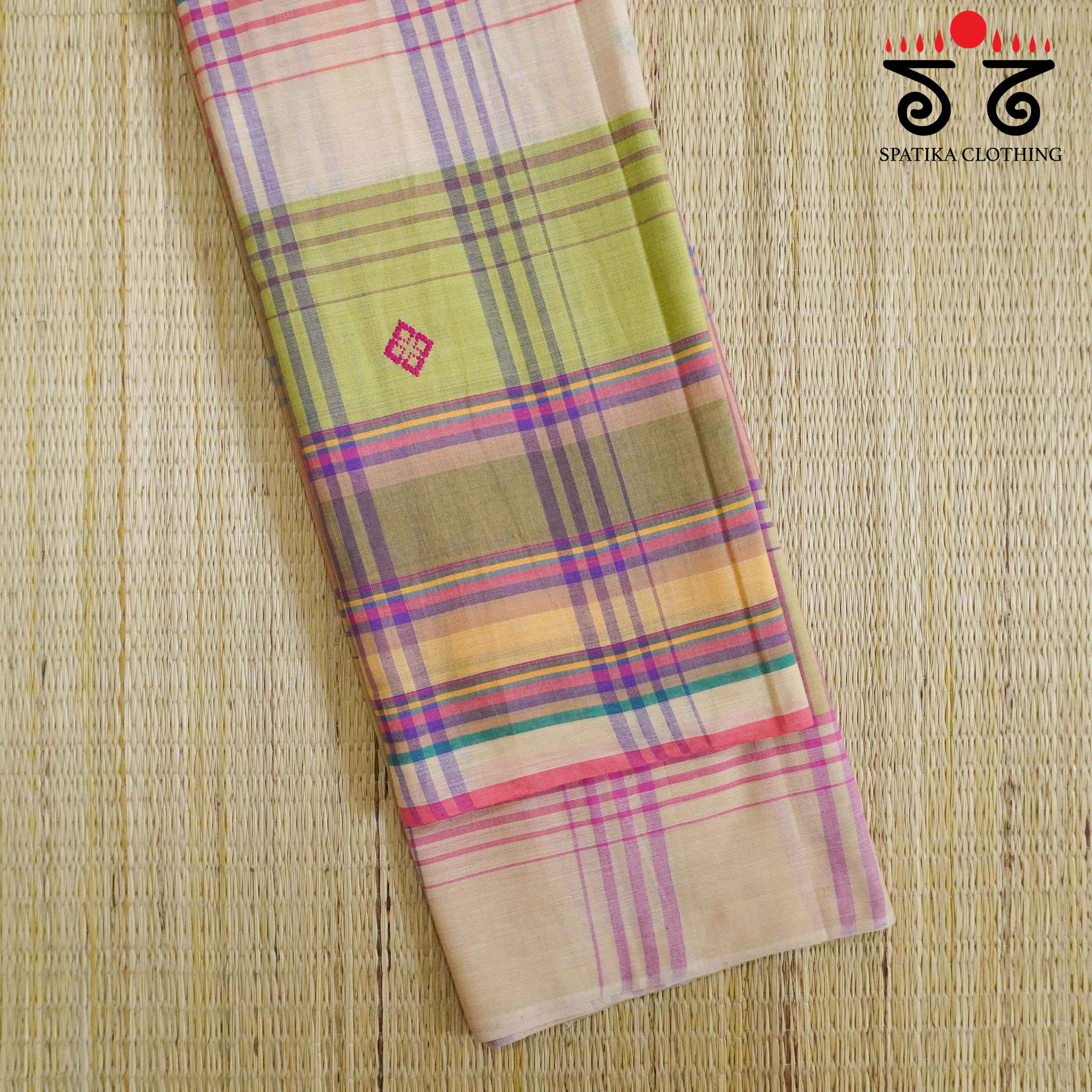 Lime Green & Beige Begampur Handwoven Cotton Saree New!