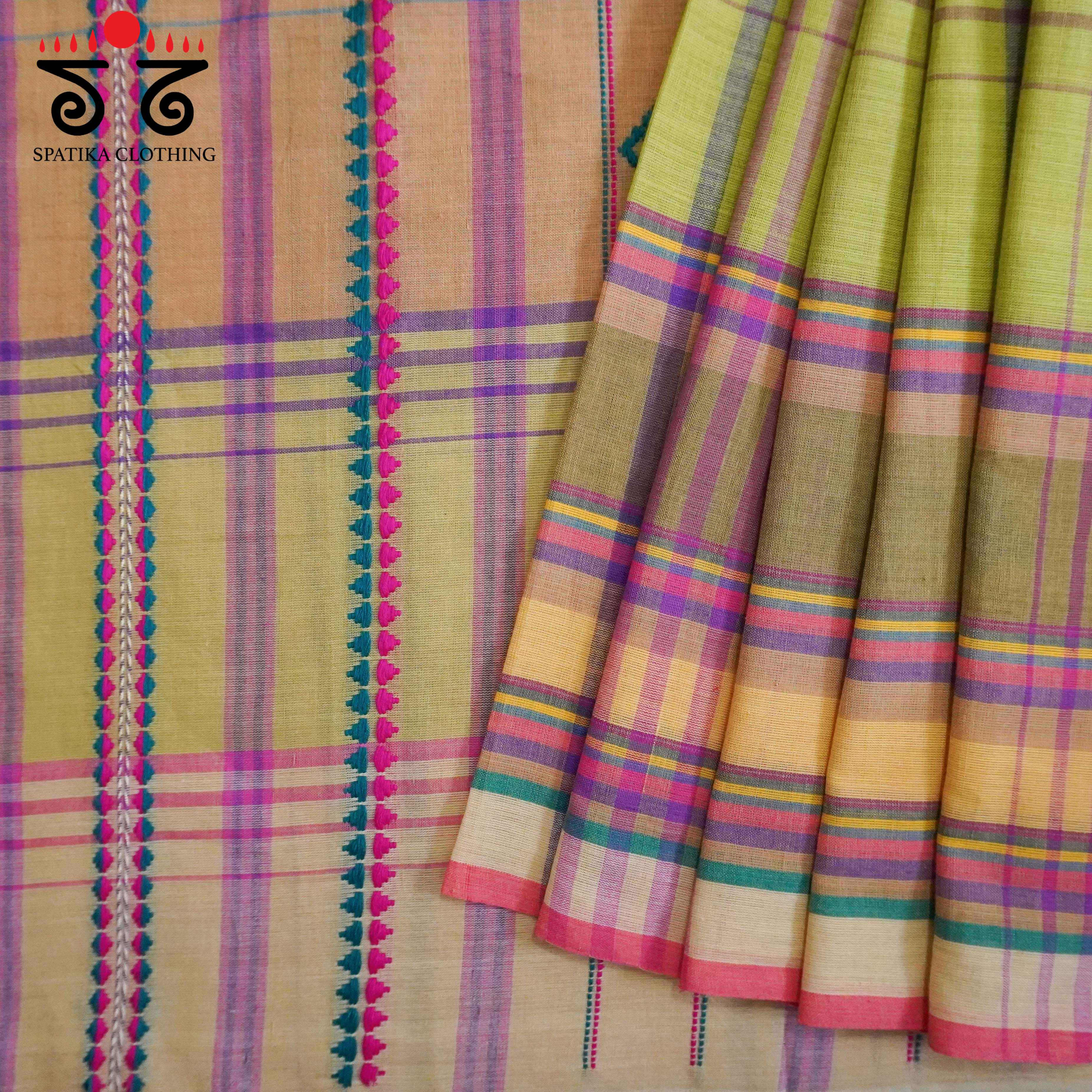 Lime Green & Beige Begampur Handwoven Cotton Saree New!