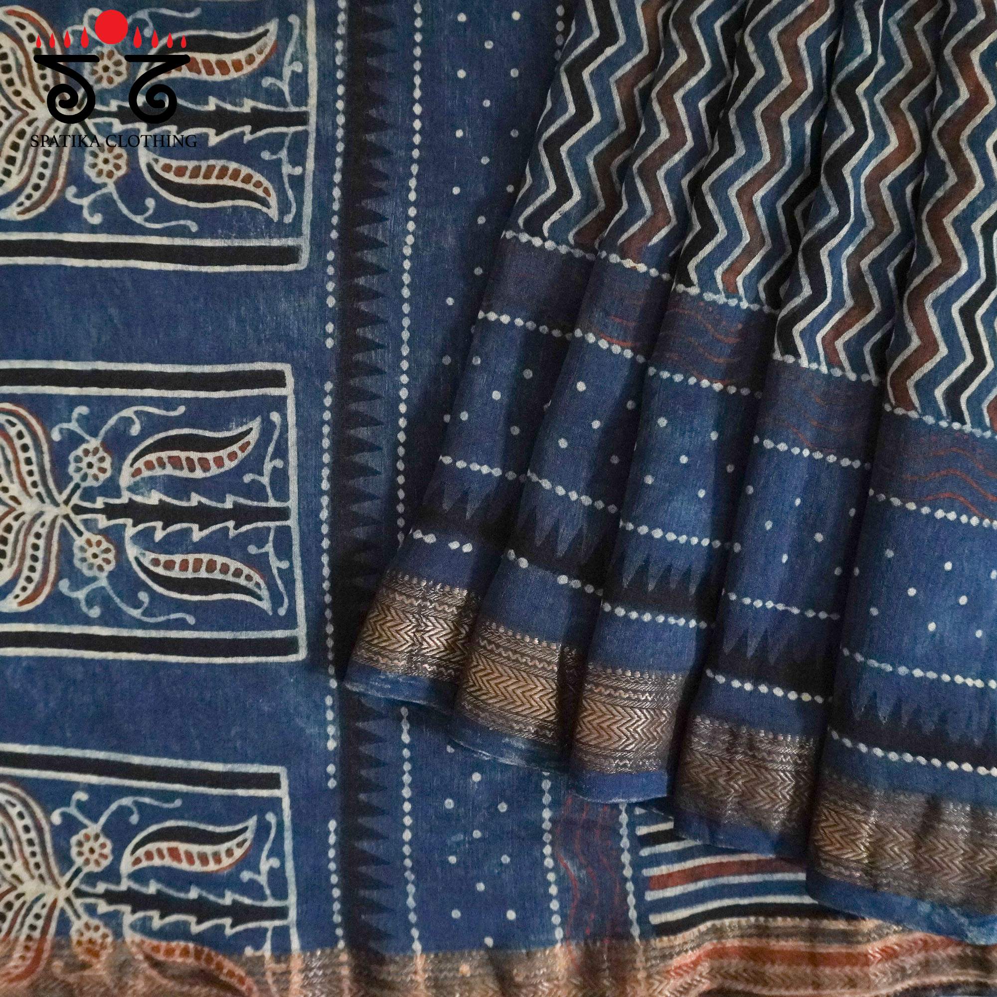 Blue Ajrak Maheshwari Silk Cotton Saree
