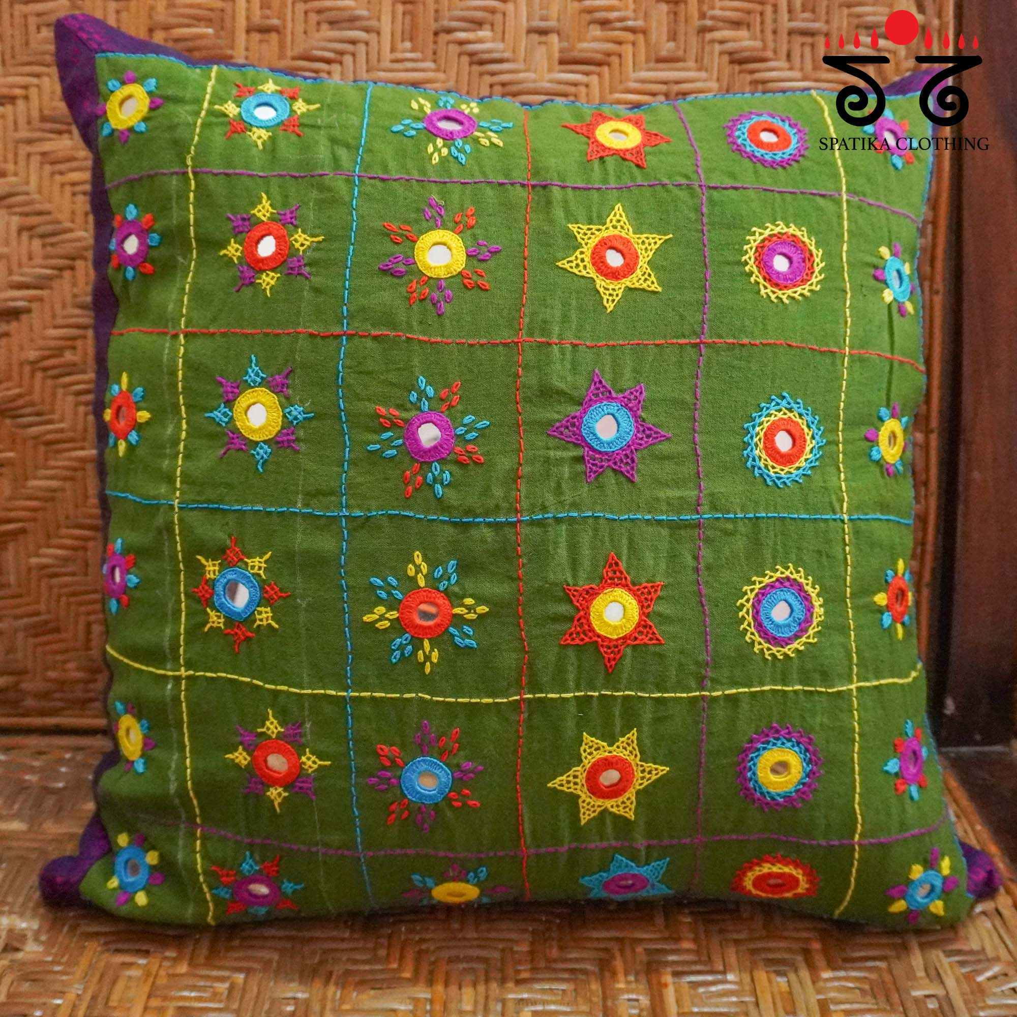 Green Lambani Hand Embroidered Cushion Cover