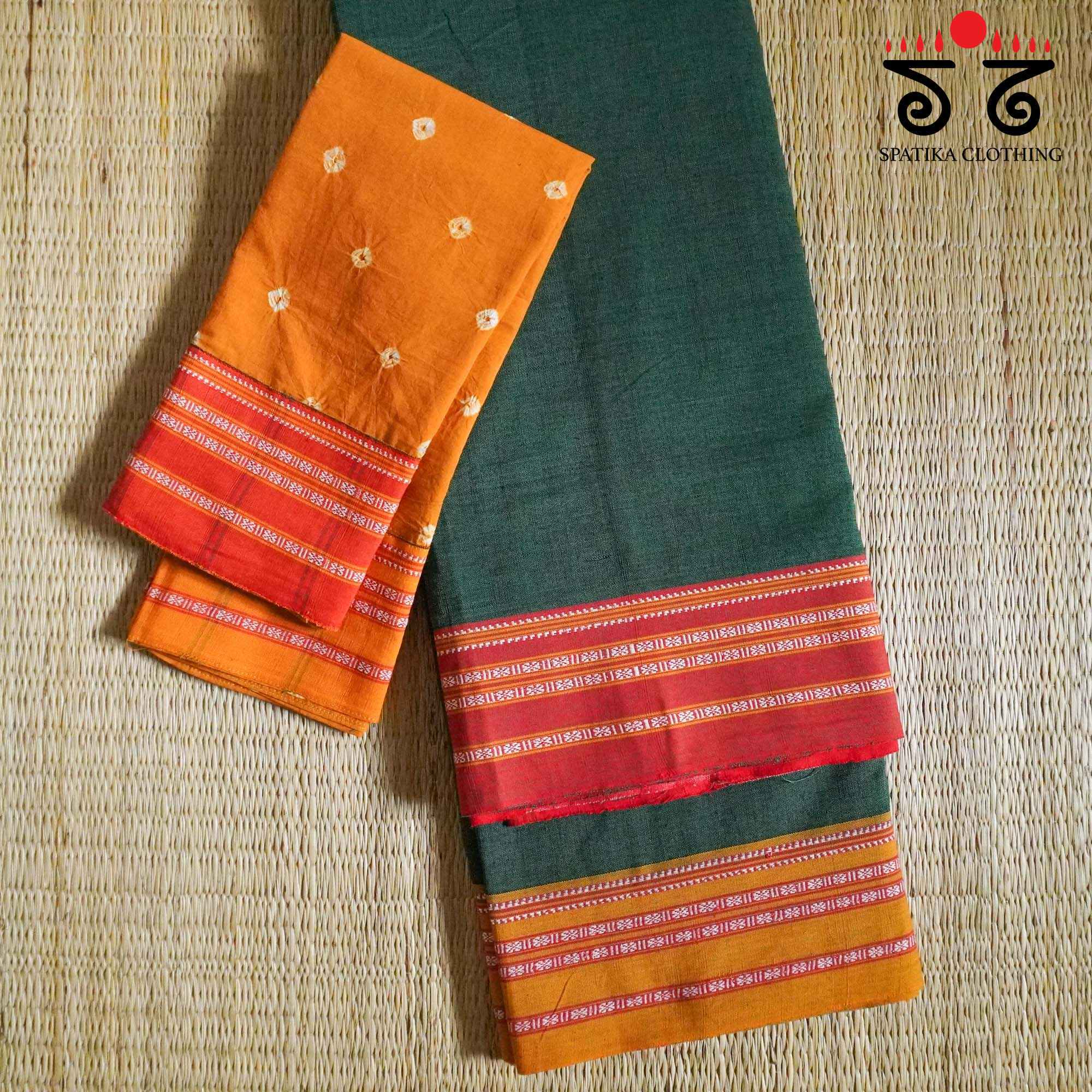 Green Ilkal Handwoven Cotton Saree - Bandhini Blouse